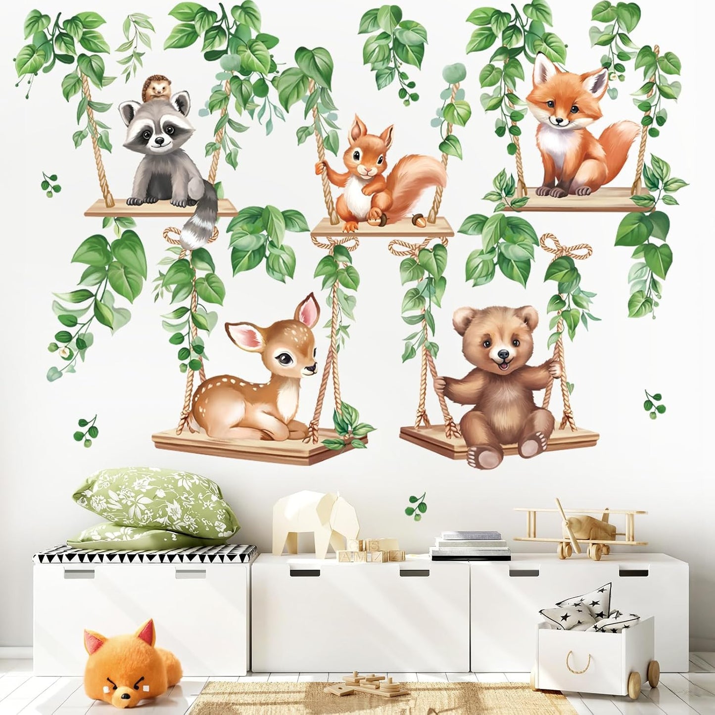 Woodland Wall Stickers Baby Bear Deer Fox Leaves Peel and Stick Wall Art Decals / Animal On Swings