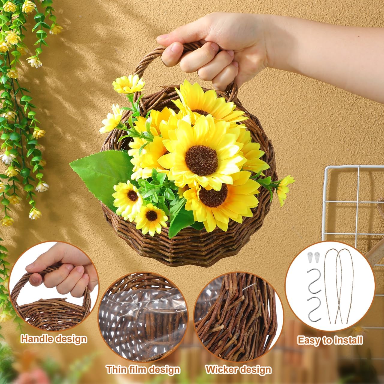Wall Hanging Flower Pot Basket Rattan Wall-Mounted Flower Basket