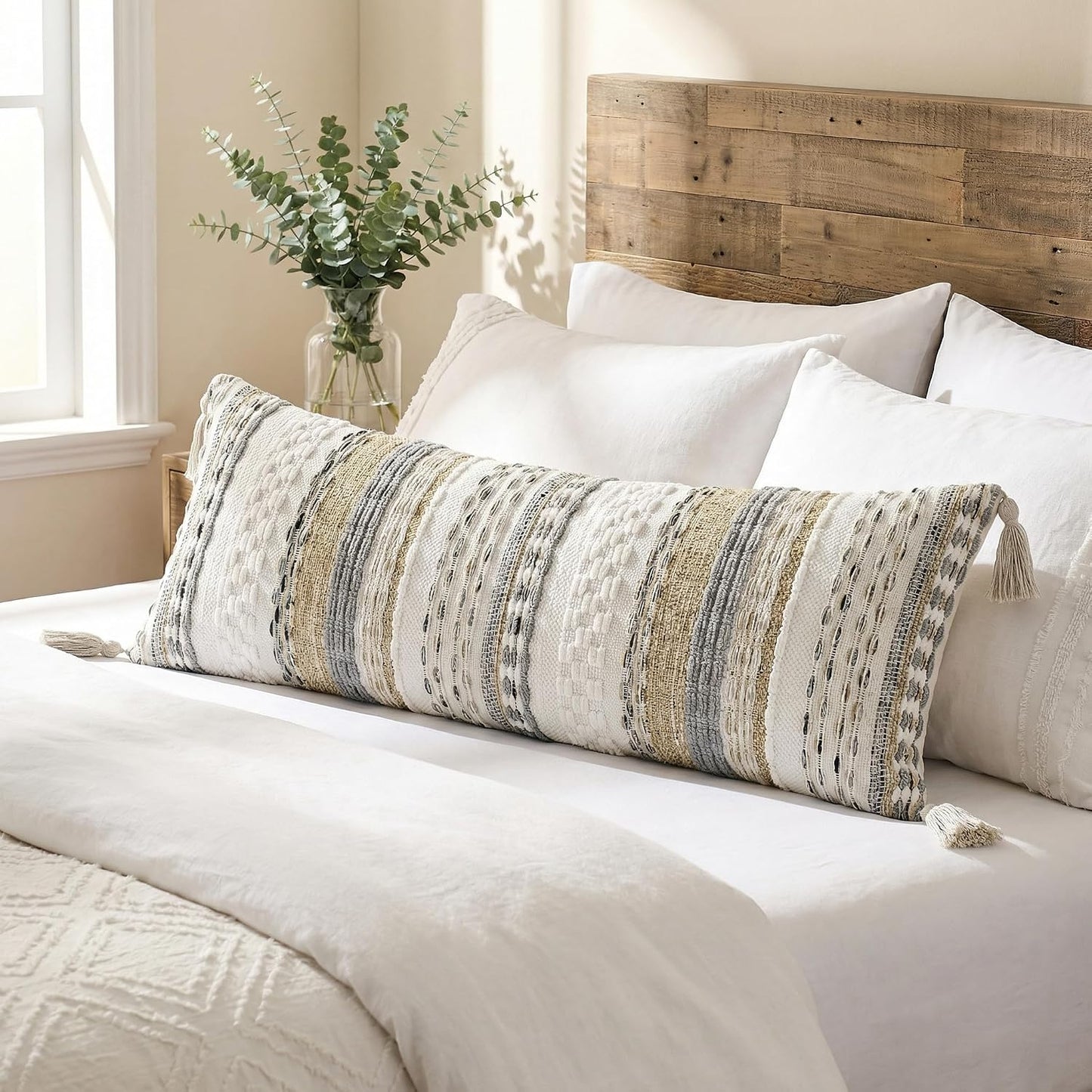Kevin Textile Spring Long Lumbar Pillow Cover Boho Decorative Rectangle Cushion / 36 x 14 / Beige