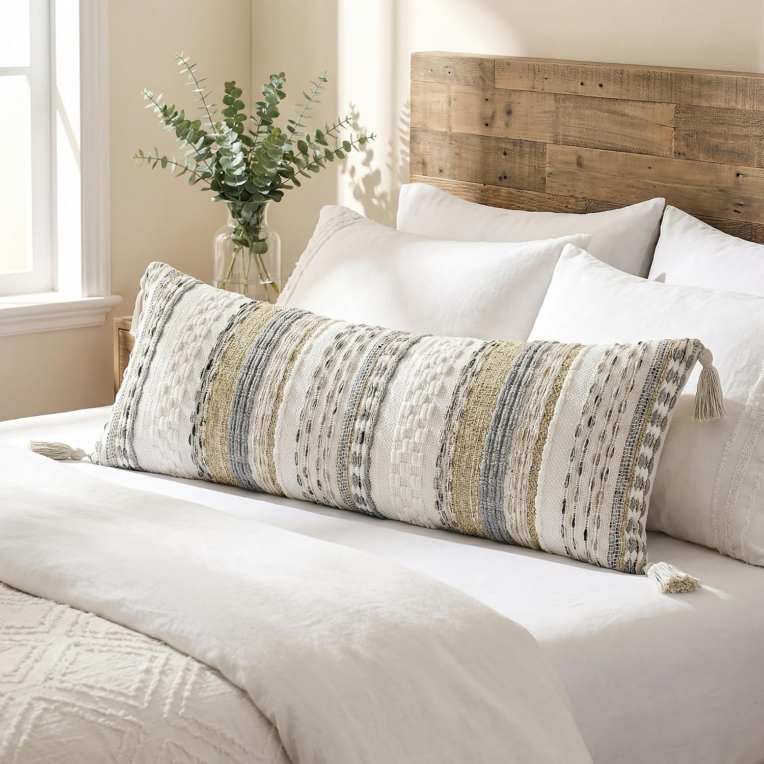 Kevin Textile Spring Long Lumbar Pillow Cover Boho Decorative Rectangle Cushion / 36 x 14 / Beige