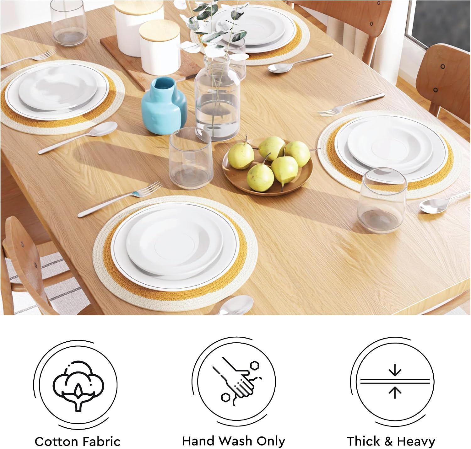 Encasa XO Placemats, Round Cotton Dining Table Mats 13" | Yellow & Off White, Handcrafted Ribbed Texture | Heat