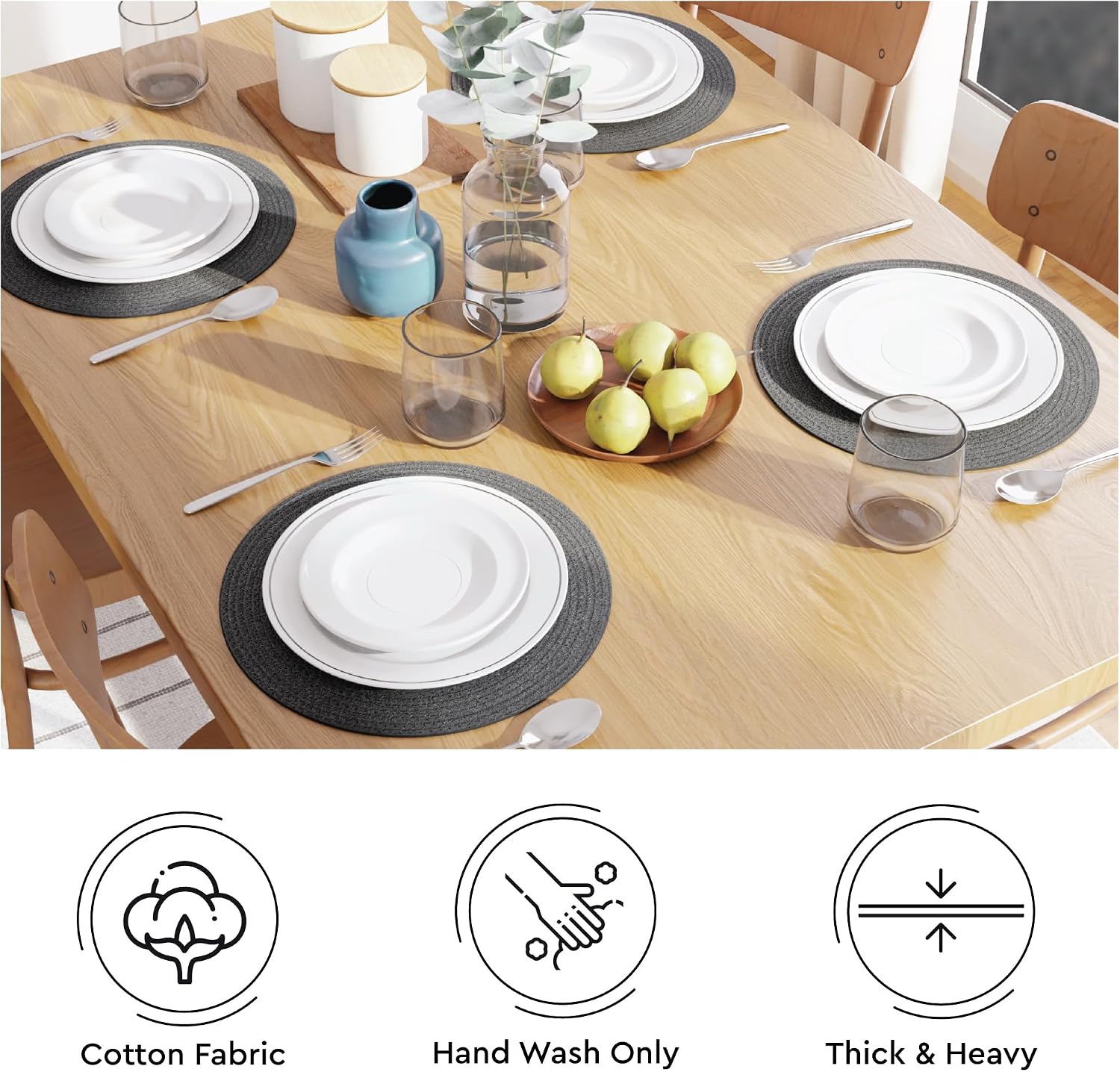 Encasa XO Placemats, Round Cotton Dining Table Mats 13" | Dark Grey, Handcrafted Ribbed Texture | Heat Resistant
