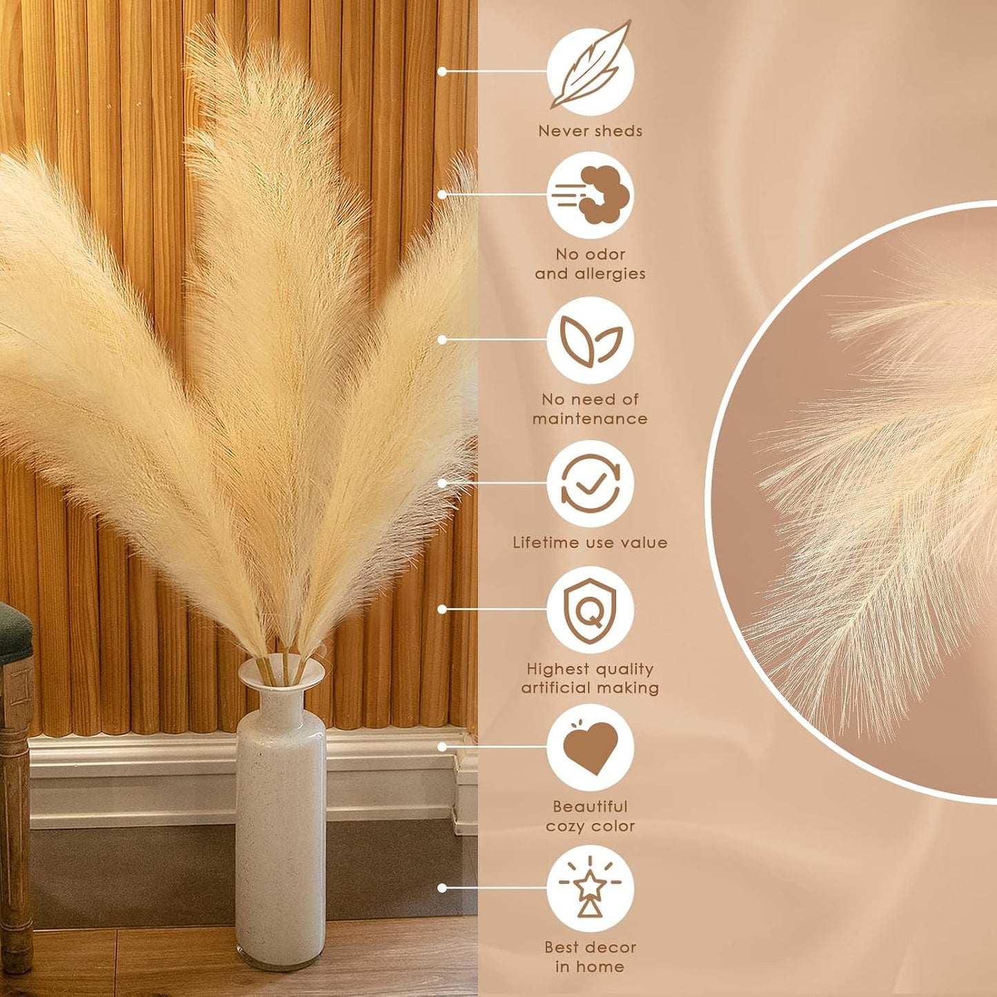 Tall Faux Fluffy Artificial Dried Pompous Grass for Floor Vase Filer / Pampas Grass / Set of 3