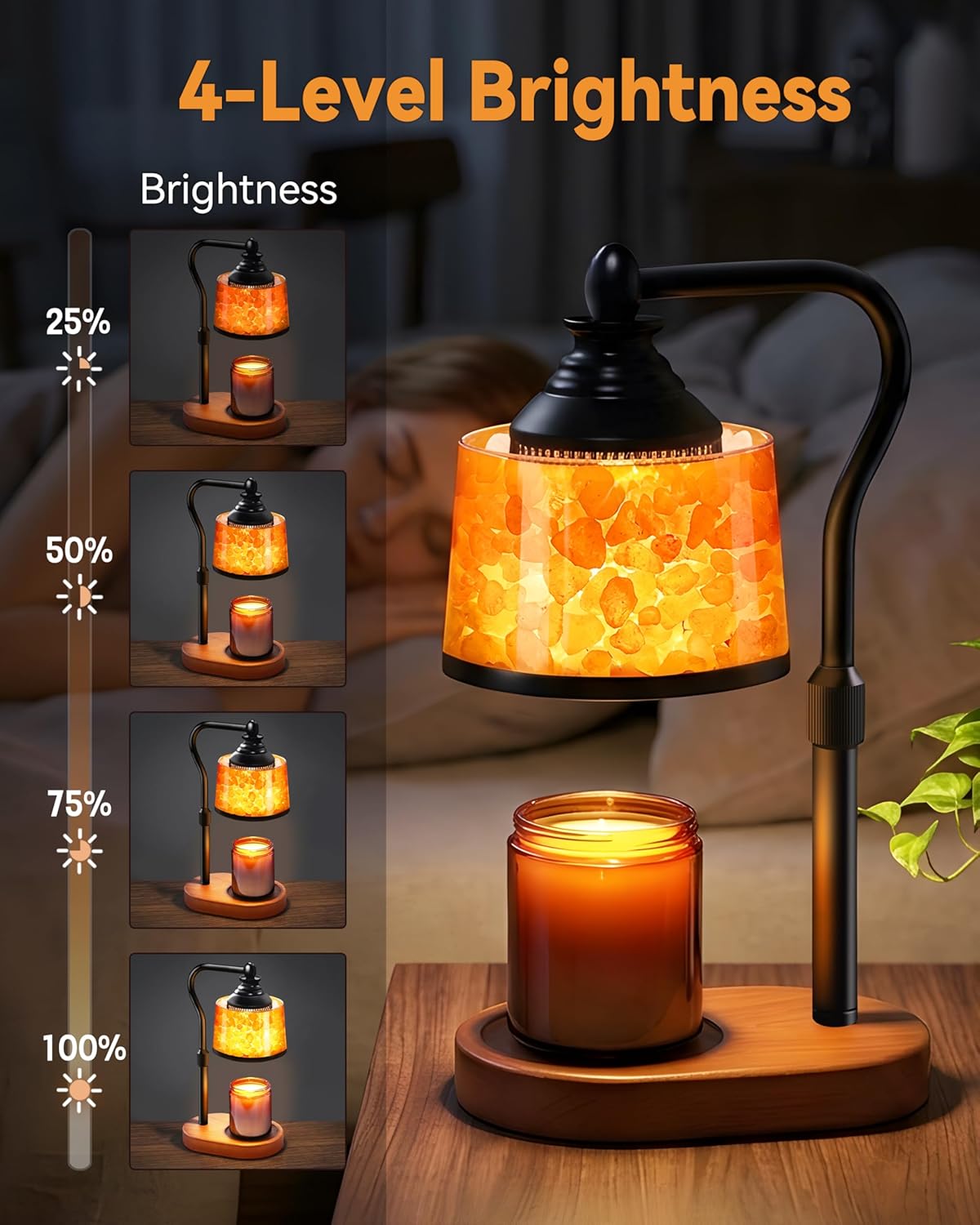 3-in-1 Candle Warmer Lamp with Himalayan Salt & Diffuser | Dimmable Top Down Wax Melt Warmer with Timer, Amber Glass