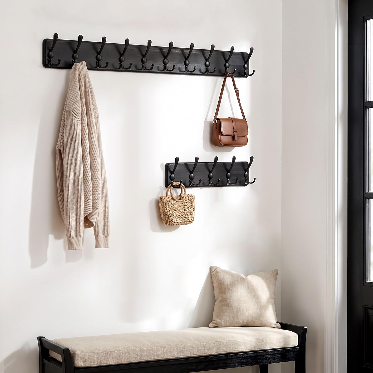WEBI Coat Rack Wall Mount,38 9/16" Long,10 Tri Hooks for Hanging Coats,16" Hole to Hole,Wood Coat Hooks Wall