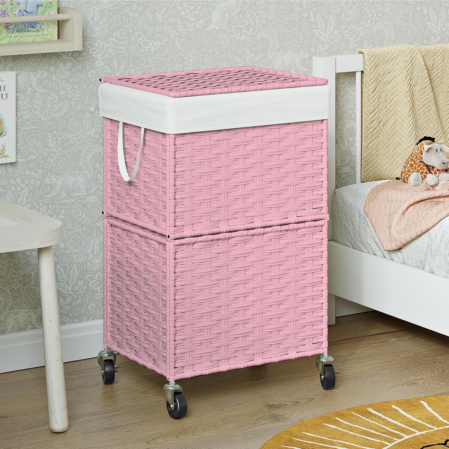 Rolling Laundry Basket / 90l / Pink