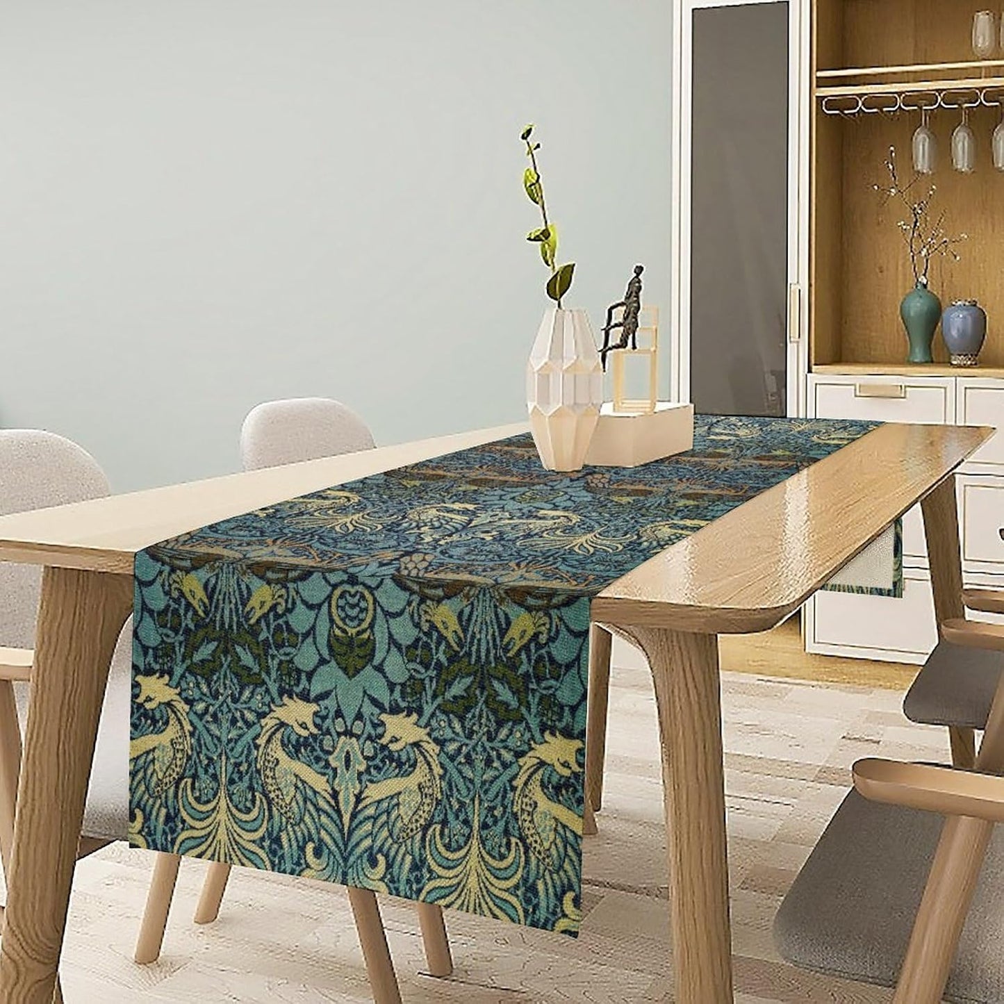 William Morris Peacock Dragon Table Runner, Vintage Flowers Boho Botanical Flowers Birds Printed Linen Table Runner for