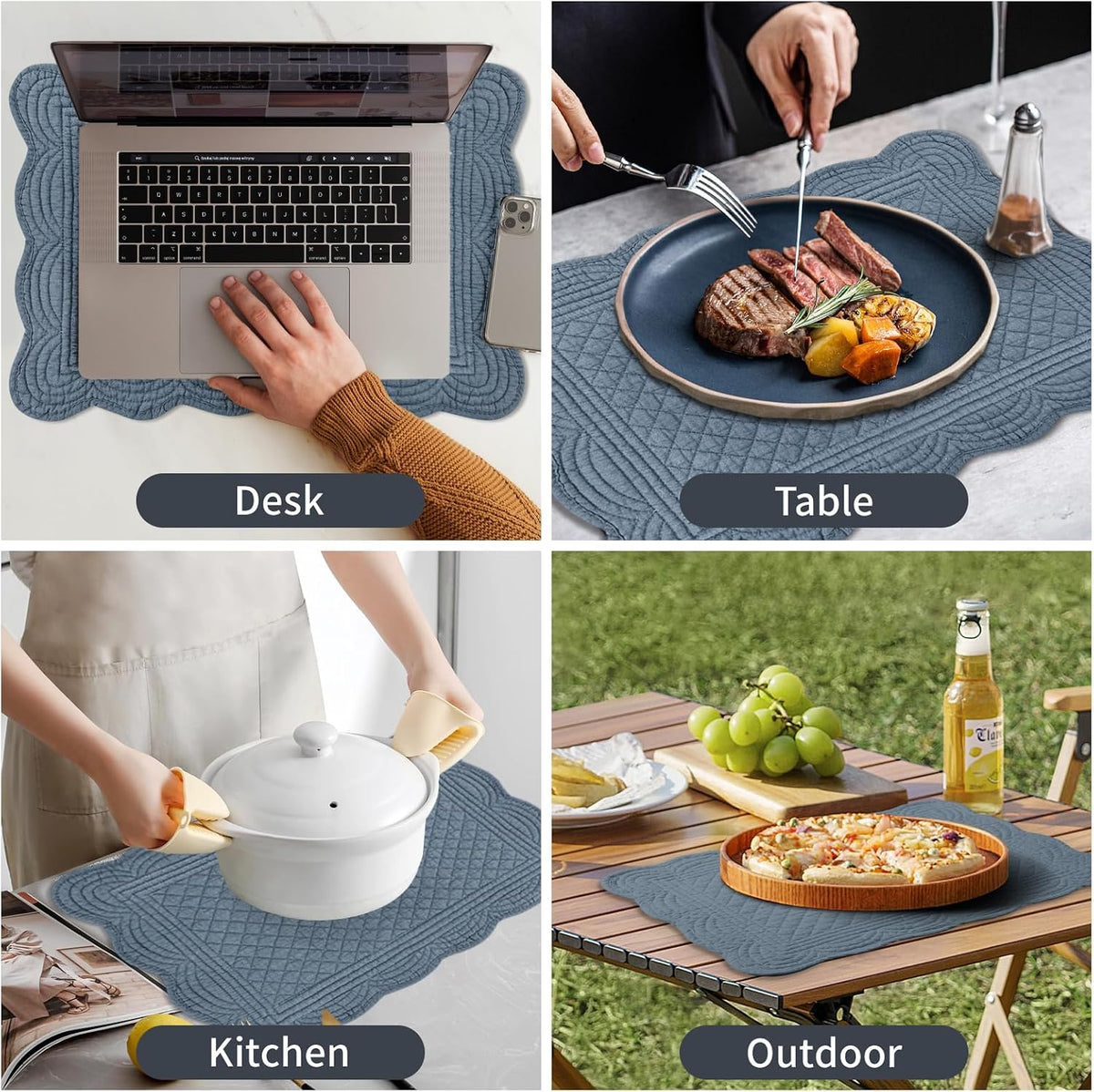 6 PC Quilted Placemats, 18"X13"Extra Large Cotton Placemats Set of 6, 100% Cotton Fabric Washable Cloth Table Mats for