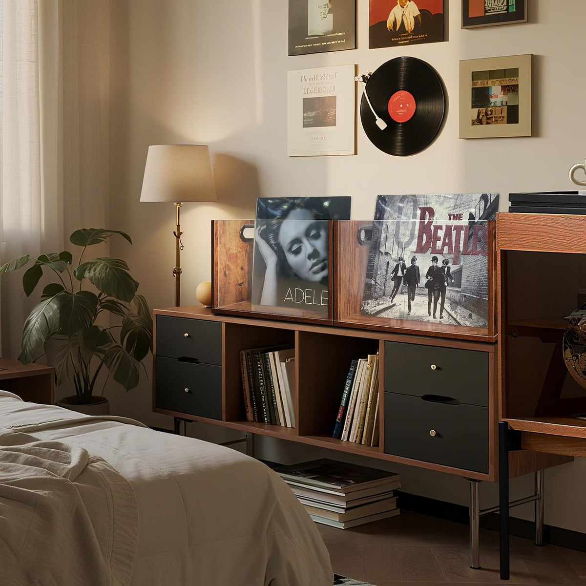 Vinyl Record Storage Crate 2 Pack, Holds up To 60 LPs, Album Visible Storage Box with Acrylic Front, Handle, Wooden