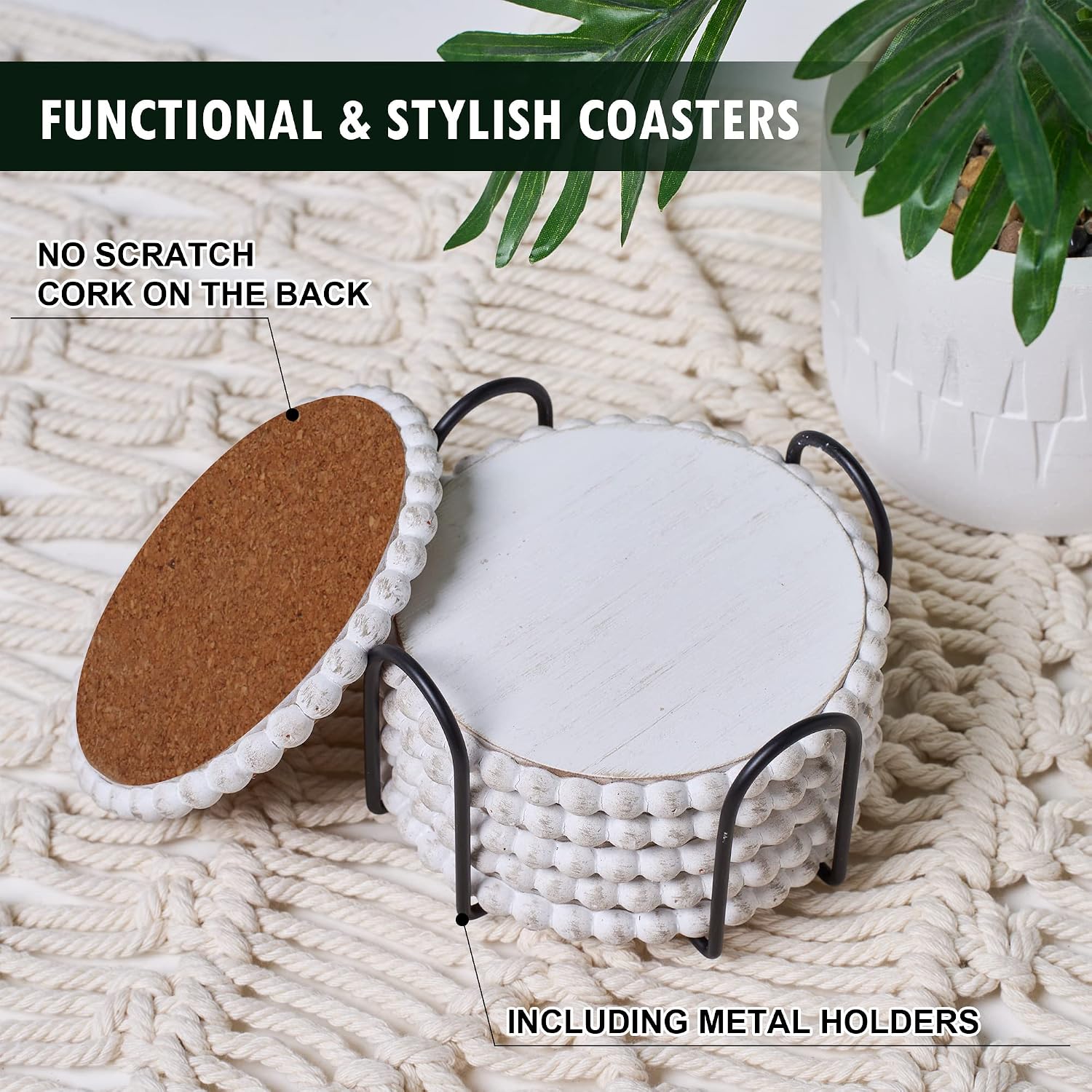 Metal Holder / GENMOUS Farmhouse Wooden Bead Coasters / White / Set of 6