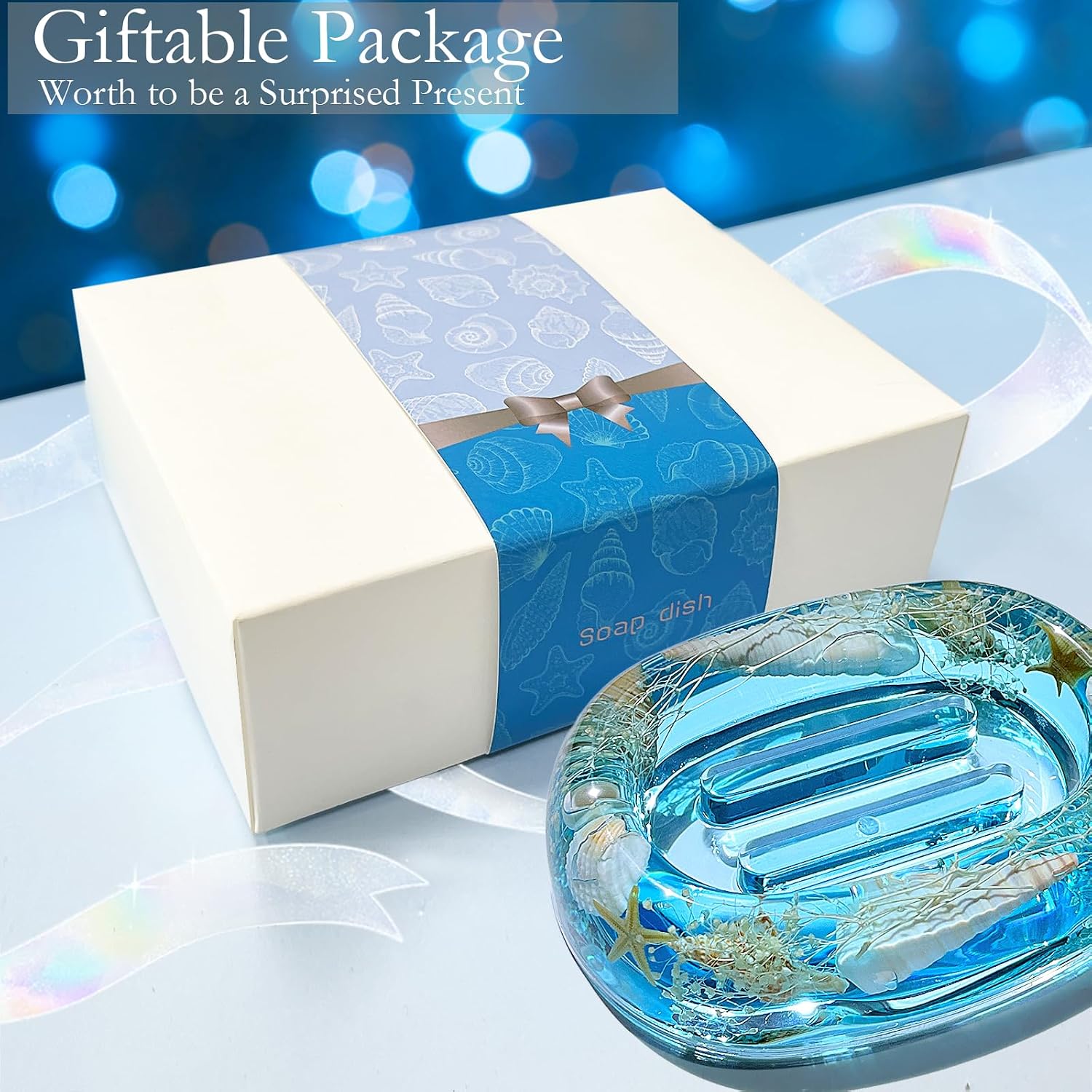 Soap Dish Acrylic w/Nature Seashell Bar Soap Holder Shower Soap Tray