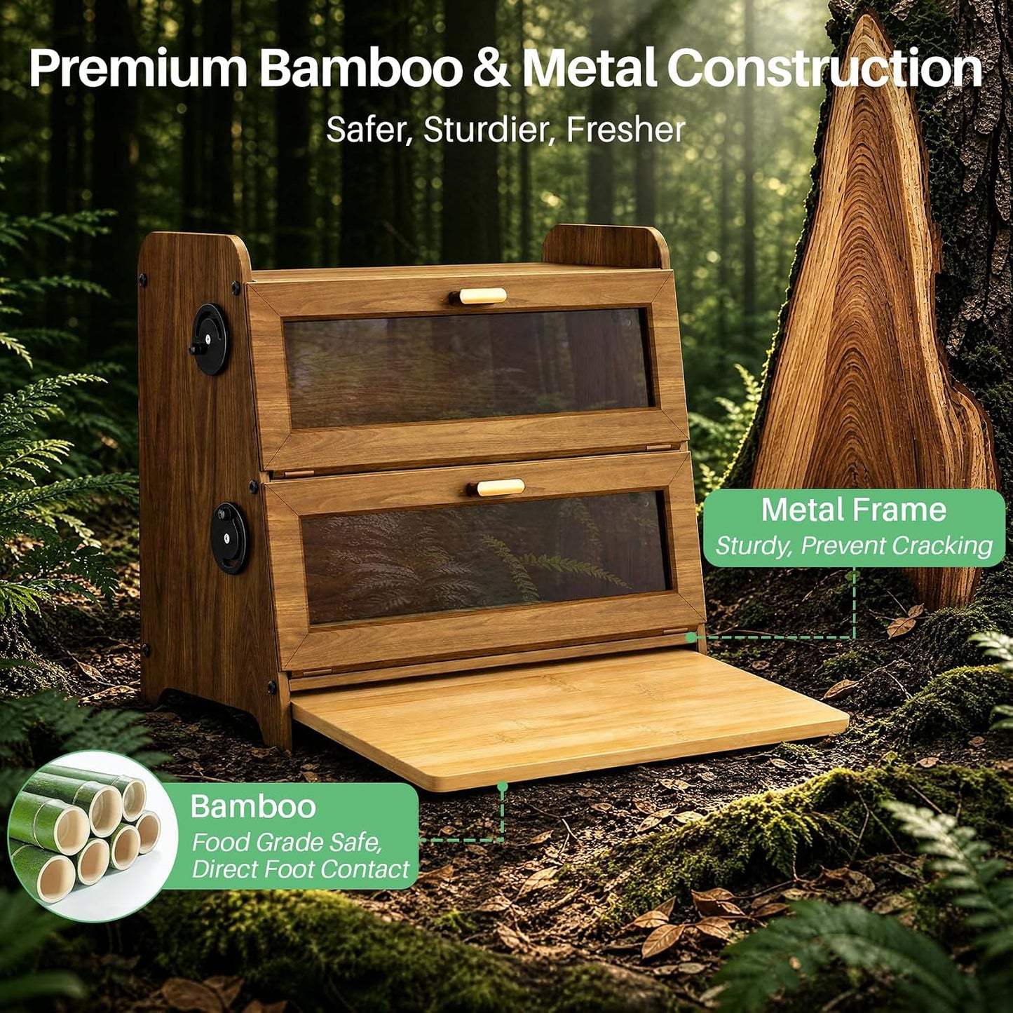 SNTD 2 Tier Bread Box for Kitchen Countertop, Adjustable Ventilation, Brown | Bamboo Cutting Board, Airtight Design
