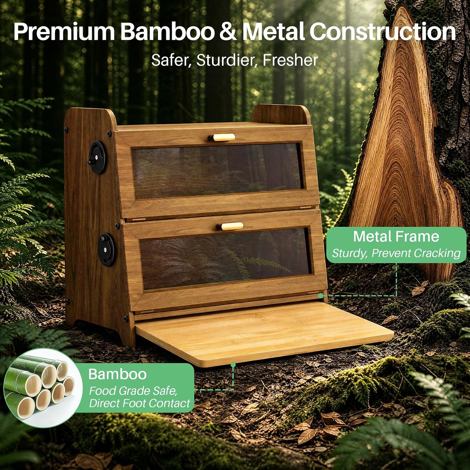 SNTD 2 Tier Bread Box for Kitchen Countertop, Adjustable Ventilation, Brown | Bamboo Cutting Board, Airtight Design
