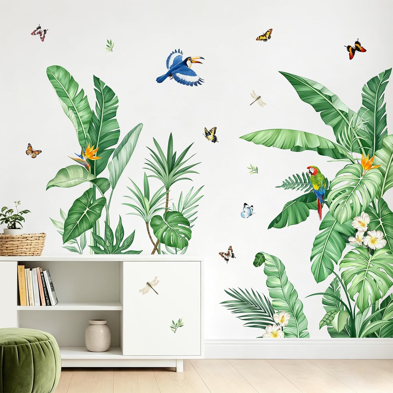 Tropical Palm Leaves Wall Decals Nature Jungle Leaf Plants Birds Wall Art Stickers / Green