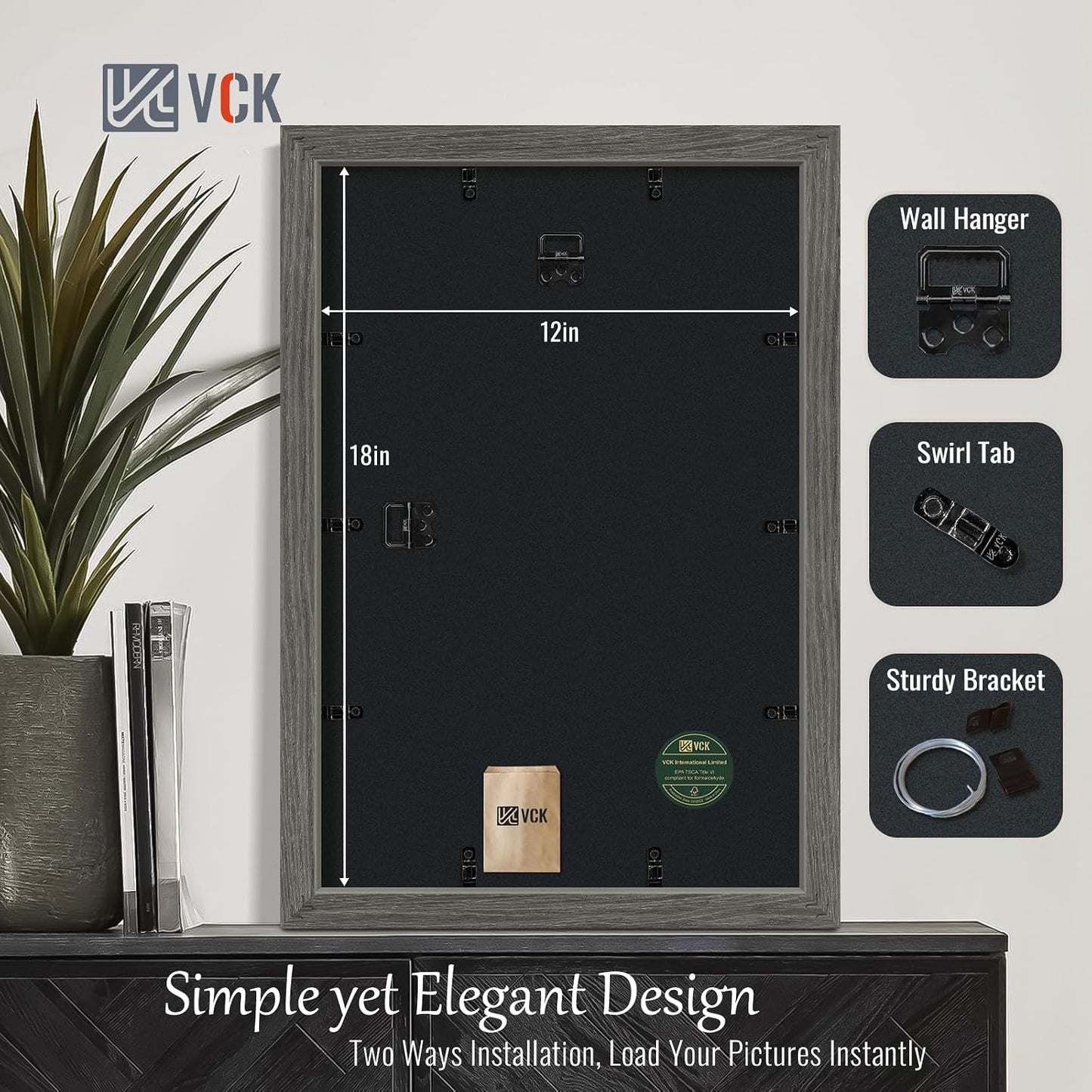 VCK 12x18 Frame Grey 4 Pack, Wide Thick Wood Border, for Poster/Print | Exclusive Woodgrain, Wall Hanging, HD