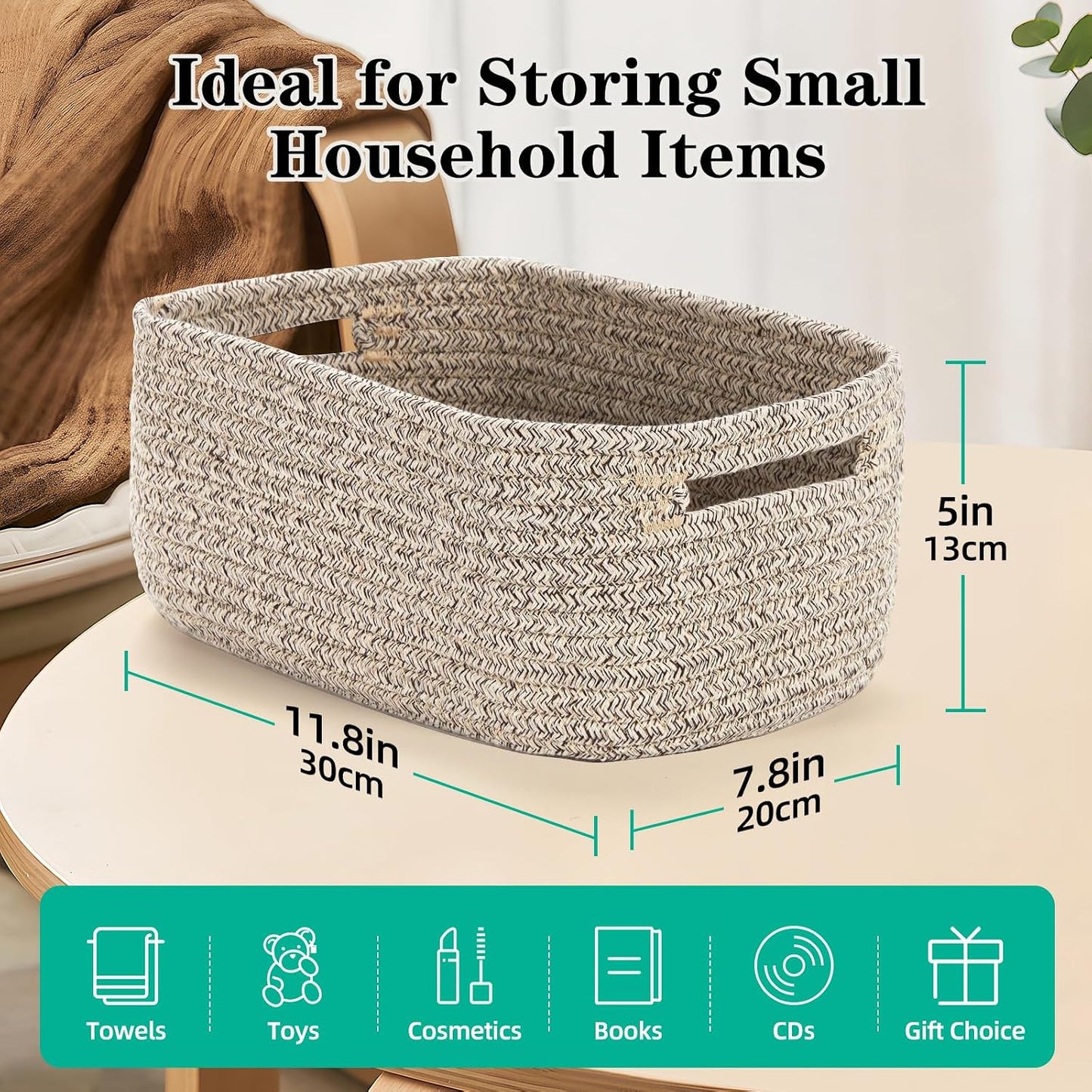 Small Cotton Rope Storage Baskets for Organizing Woven Baskets / 11.8 x 7.8 x 5 / Tan / Set of 3