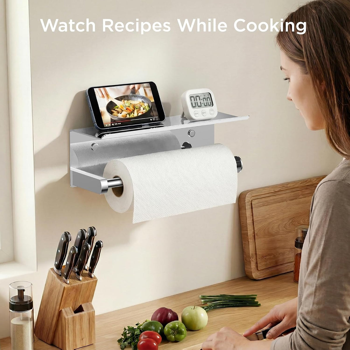 FORIOUS Wall Mount Paper Towel Holder with Shelf for Kitchen, Chrome | Heavy Duty SUS304 Stainless Steel Paper Roll