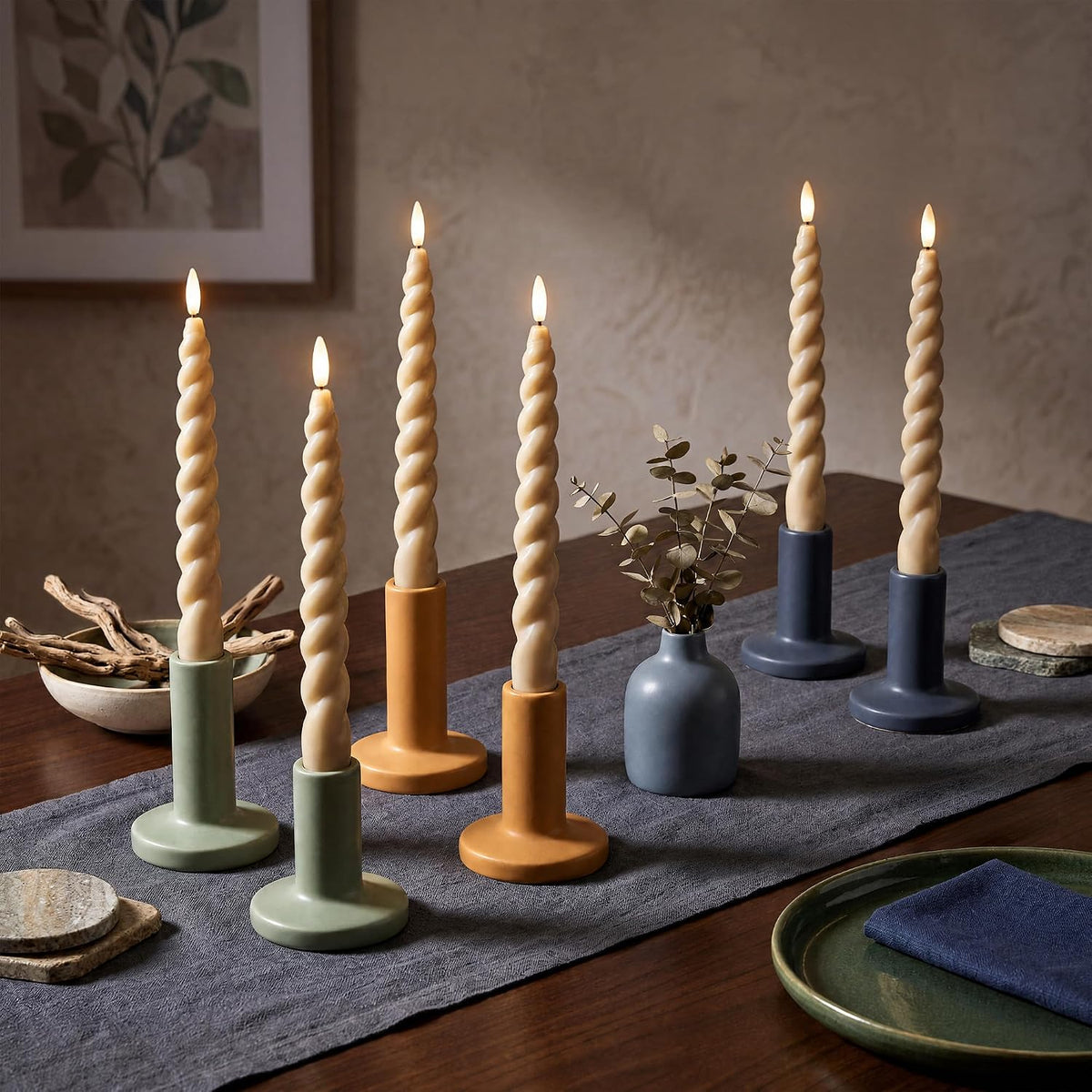 Full Twisted Spiral Flameless LED Taper Candles – Light Tan, Set of 6 – 2/4/6/8-Hr Timer (24-Hr Memory), Remote