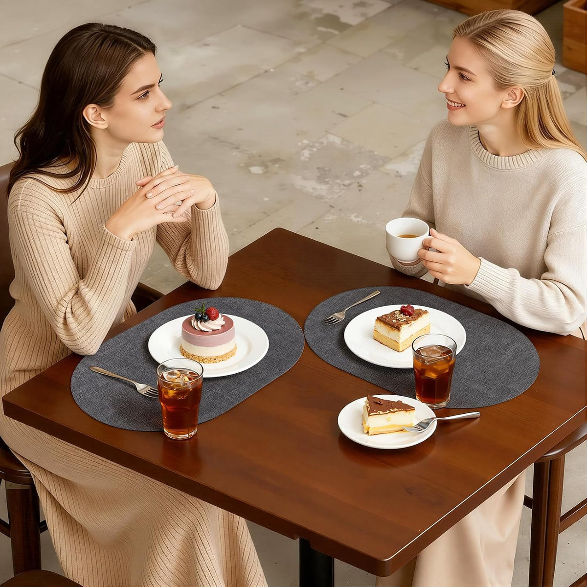 Placemats Set of 6, 11.8 x 17 Inch, Dark Grey | Heat Resistant Oval Faux Leather Place Mats, Waterproof Wipeable