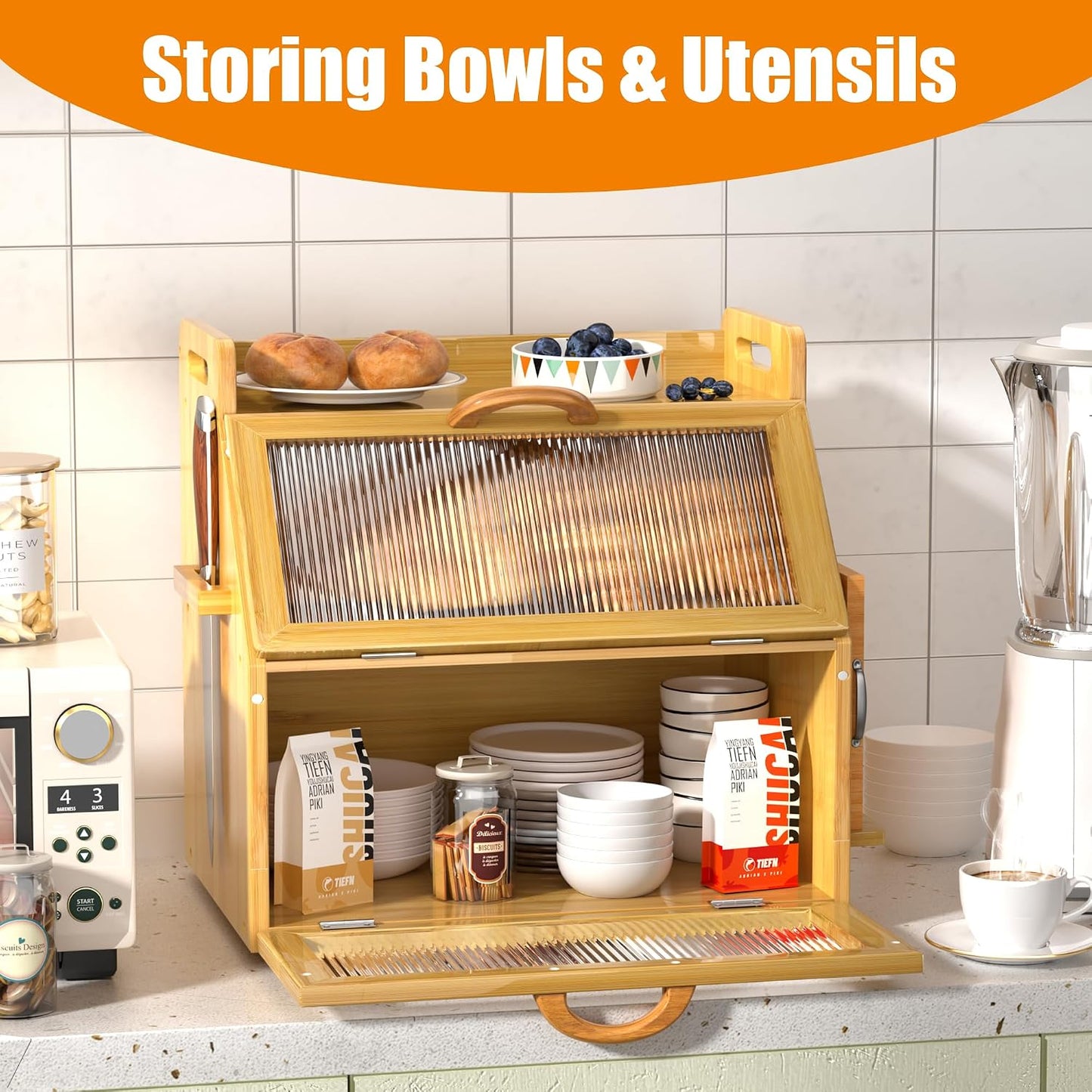 Bread Box for Kitchen Countertop, Large Bread Storage Container for Homemade Bread, Wooden Farmhouse Breadbox