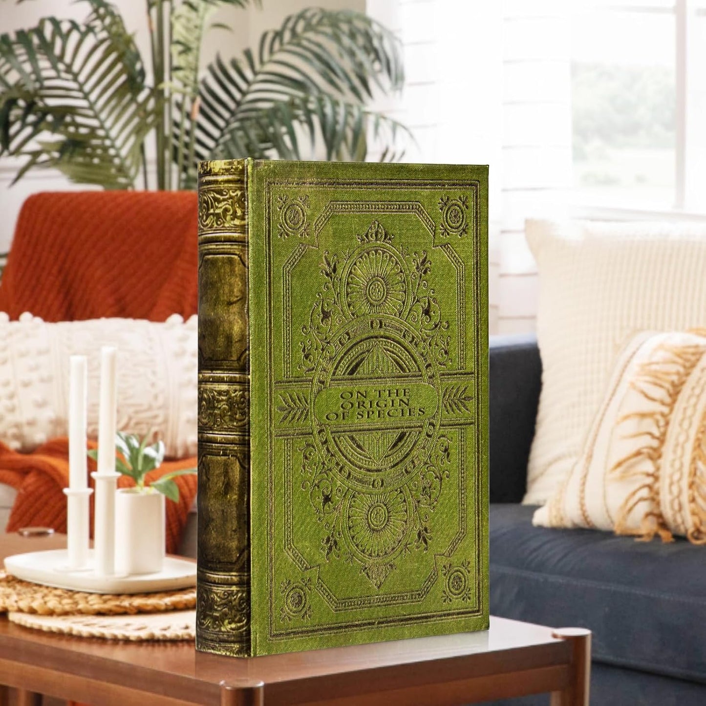 Vintage Style Olive Green Faux Leather Embossed Book Box / Green Leather-size:m