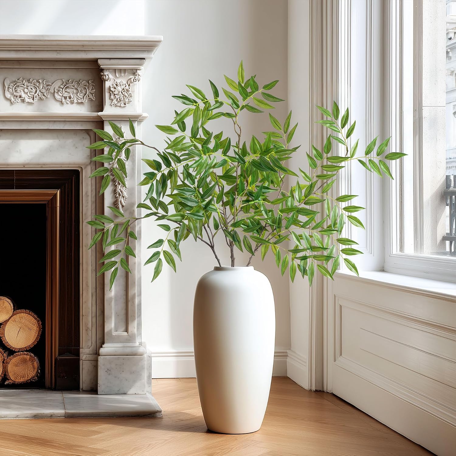 Fake Plants Faux Bamboo Leaves Stems Artificial Greenery Stems Artificial / Green-zyj4 / 32.3 Inch