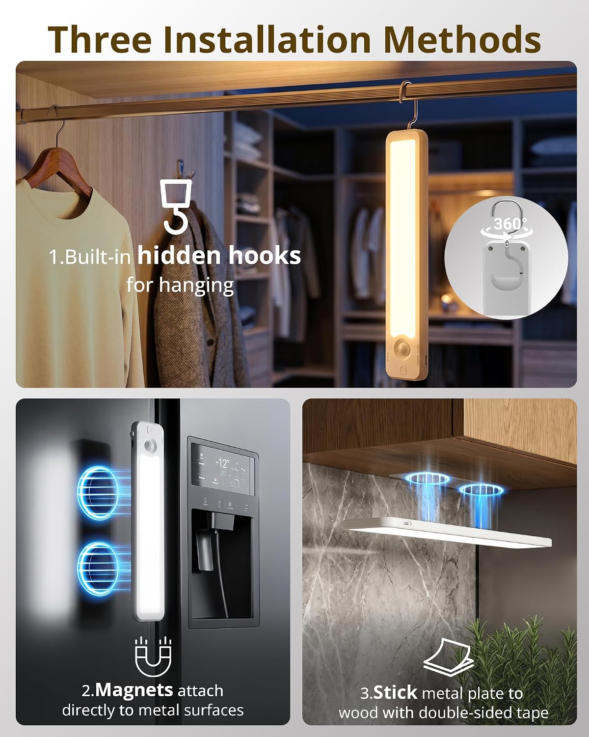 6 Pack Under Cabinet Lighting Wireless, 48 LED Rechargeable Motion Sensor Light Indoor, 3 Color Temps & Dimmable