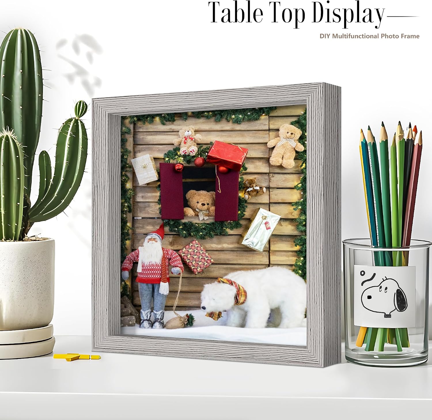 12x12 Gray Wooden Shadow Box Frame, 1.2" Deep, Tempered Glass | Black Backboard, Tabletop & Vertical/Horizontal Wall