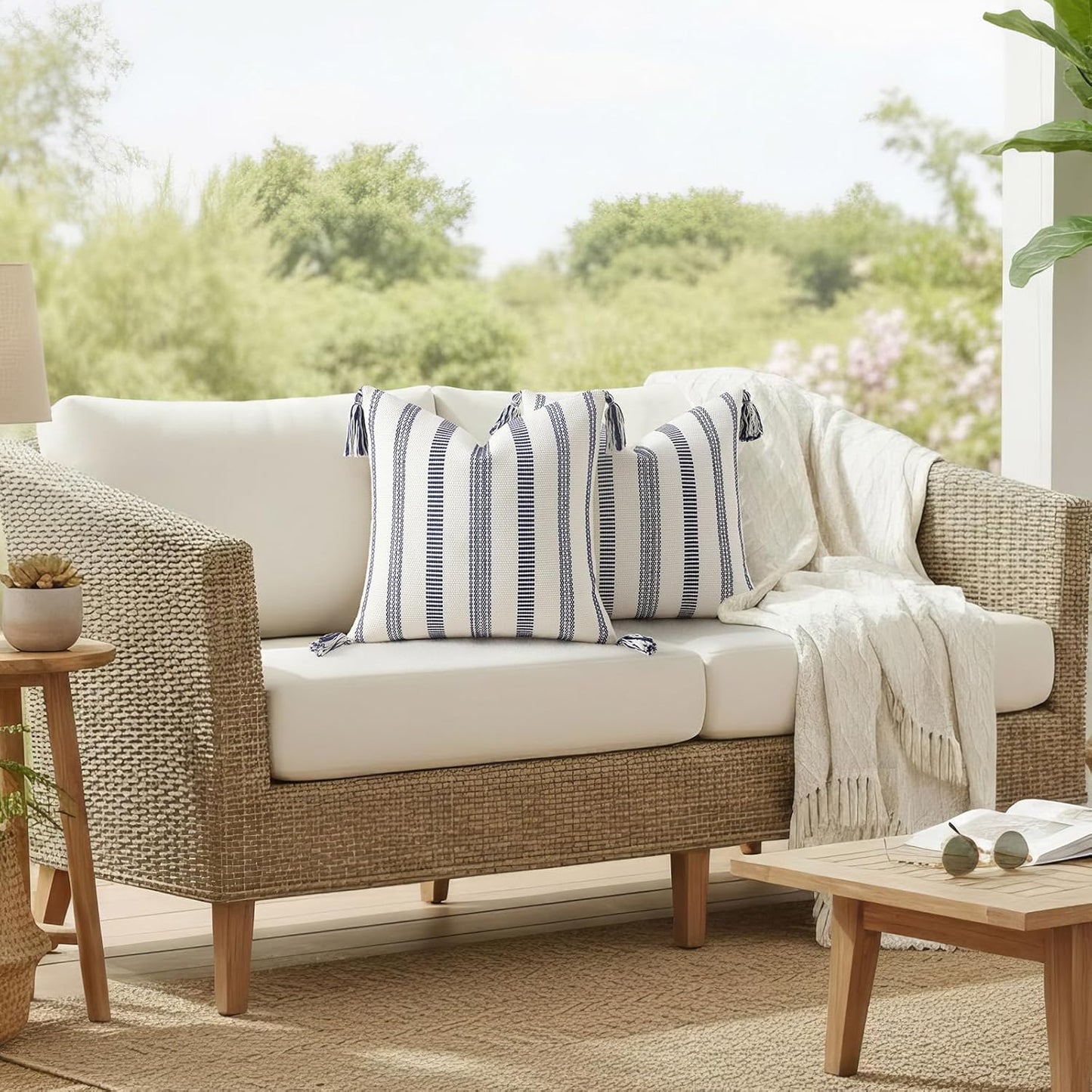 Boho Outdoor Couch Throw Pillow Covers Decorative / Navy Blue and Cream White / 20 x 20 / Set of 2