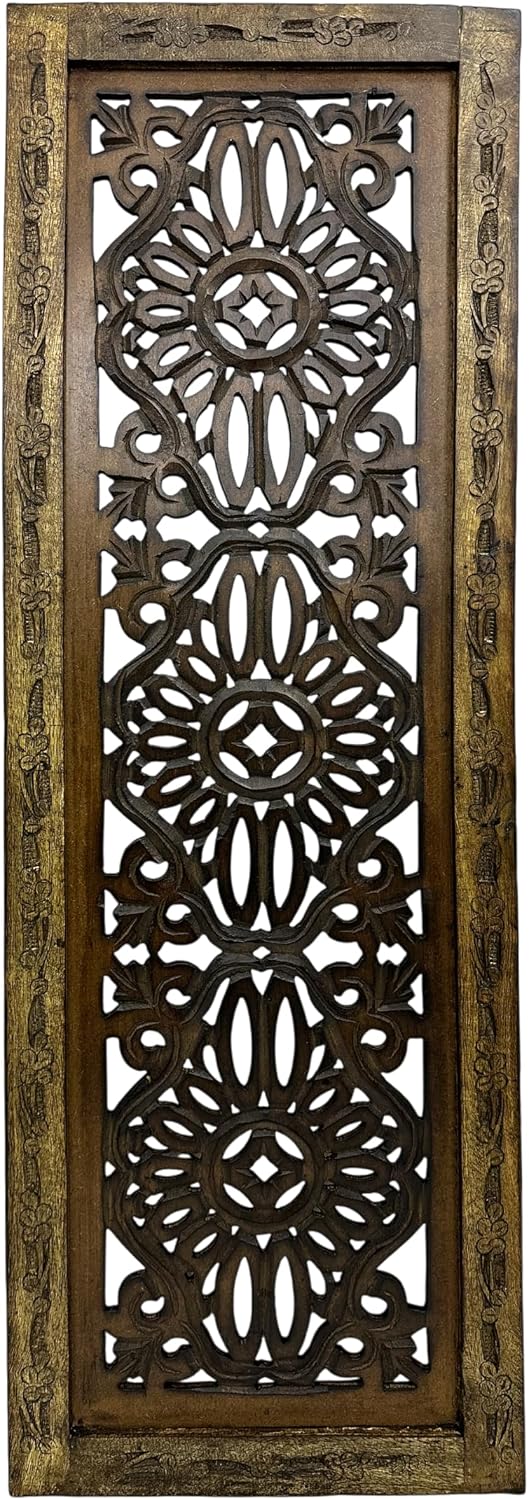 Floral Hand Carved Wooden Wall Panels / Rustic Brown / Set of 2