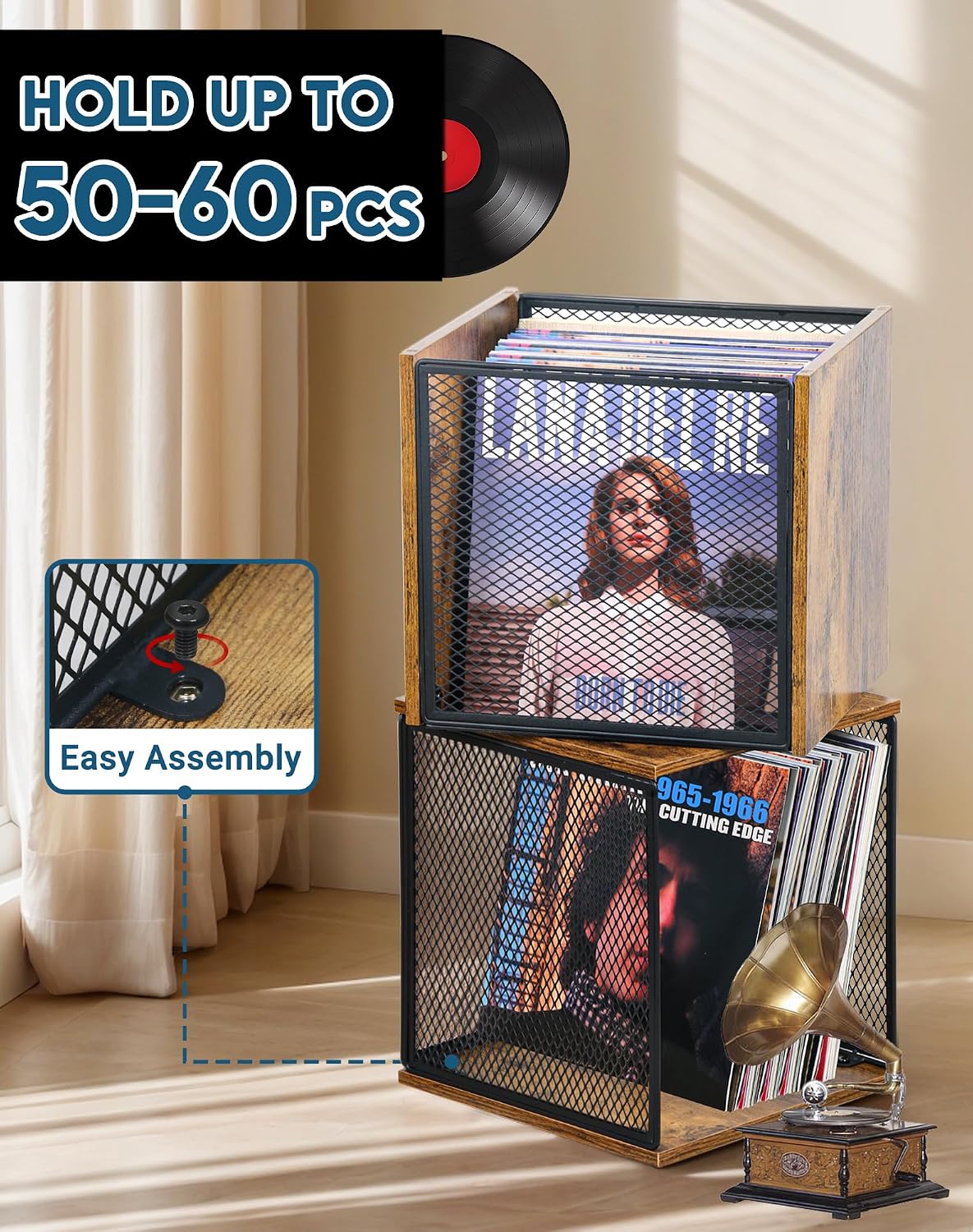 LOFTEY 2 Pack Stackable Vinyl Record Storage, Cube Record Crate Box for LPs | Holds 100-120 Records Total, 110 lb Load