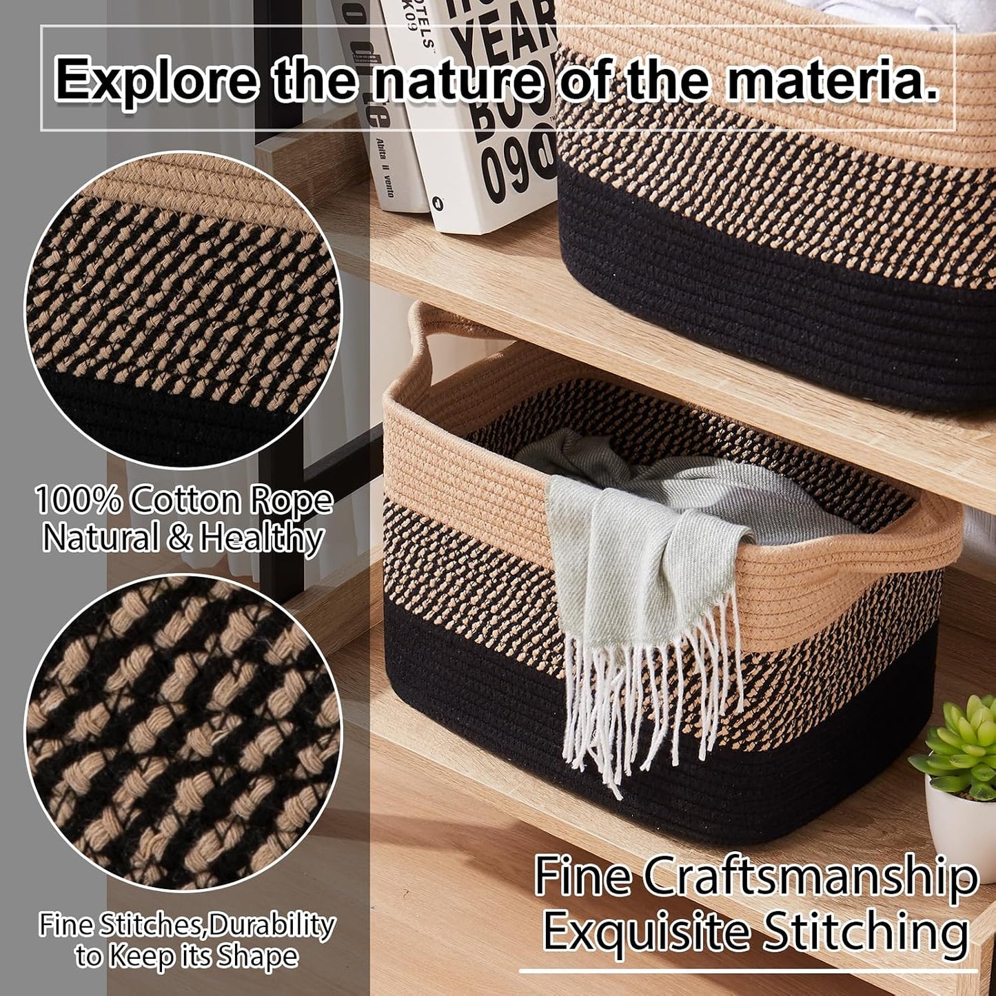 Woven Baskets for Storage / Black & Brown / 13 x 9.9 x 8.7 / Set of 3