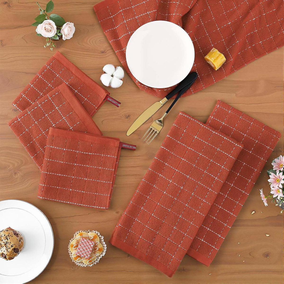 Homaxy Kitchen Towels and Dishcloths Set, Set of 16, Rust | Bulk Cotton Terry Kitchen Towels, Checkered Designed, Soft