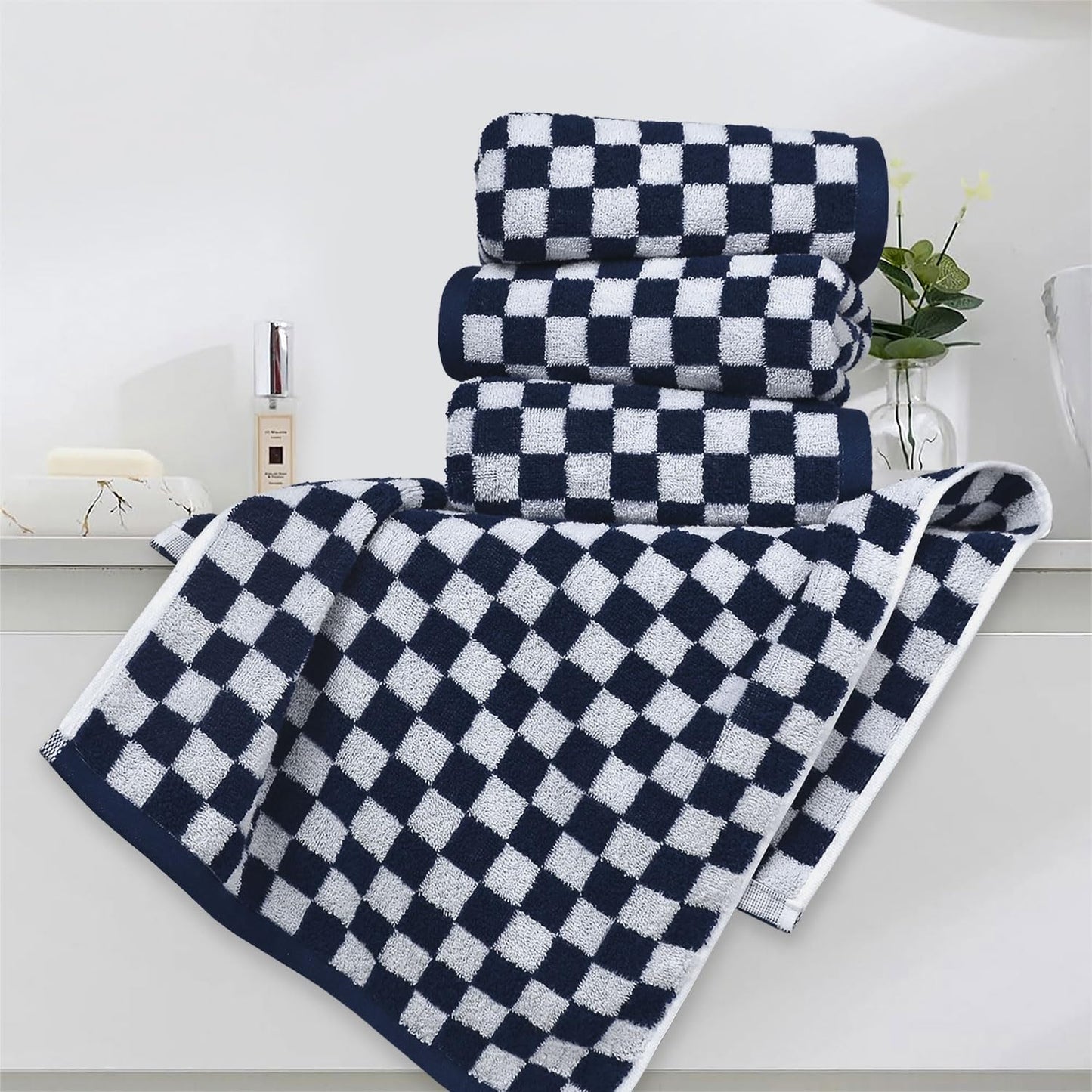 Navy Blue Hand Towels 4 Pack, Cotton Decorative Bathroom Hand Towel | Checkered Kitchen Decor, 13" x 29"
