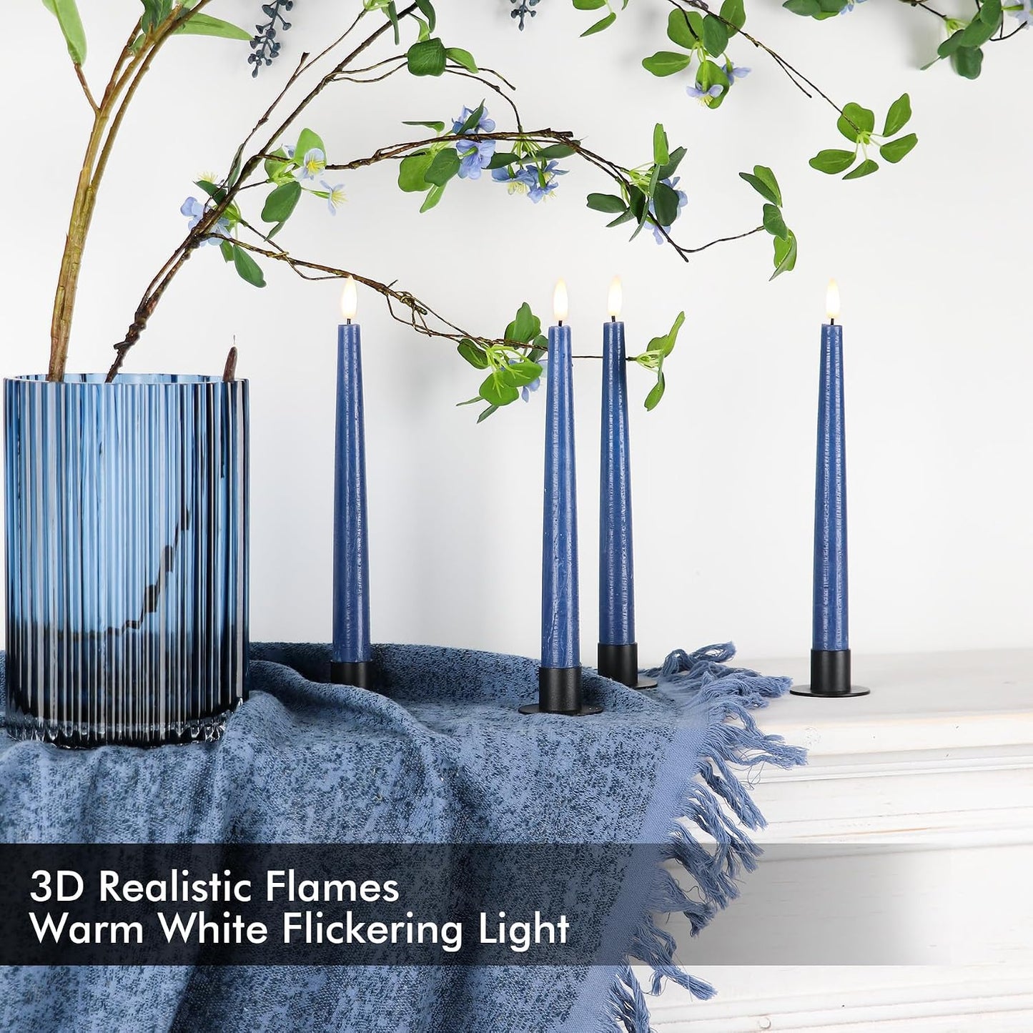 9.6" Flameless LED Taper Candles with Timer in Real Wax, Battery Operated Rustic Wax Dinner Candlesticks with Remote, 8
