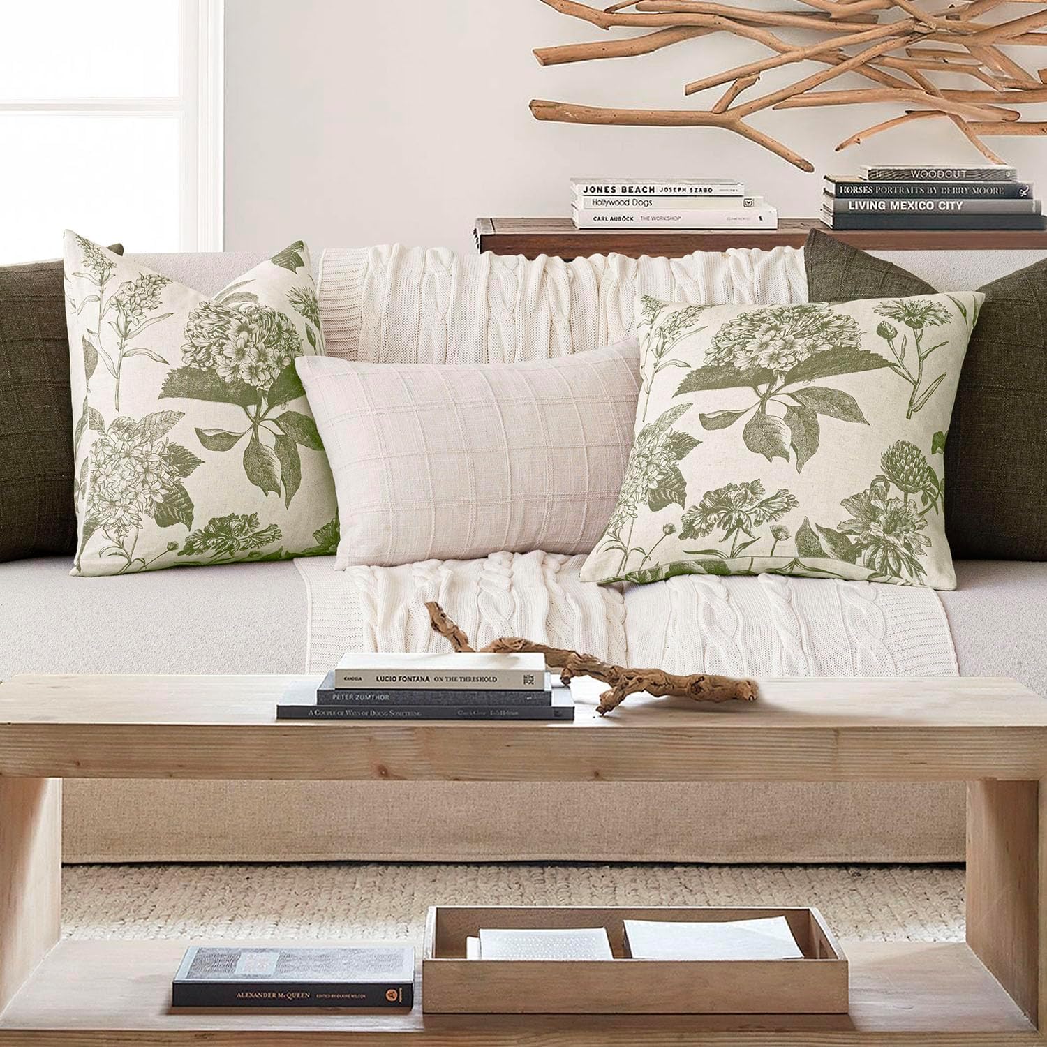 Linen Floral Vintage Throw Pillow Covers Neutral Accent Print / 18 x 18 / Cedar Green / Set of 2