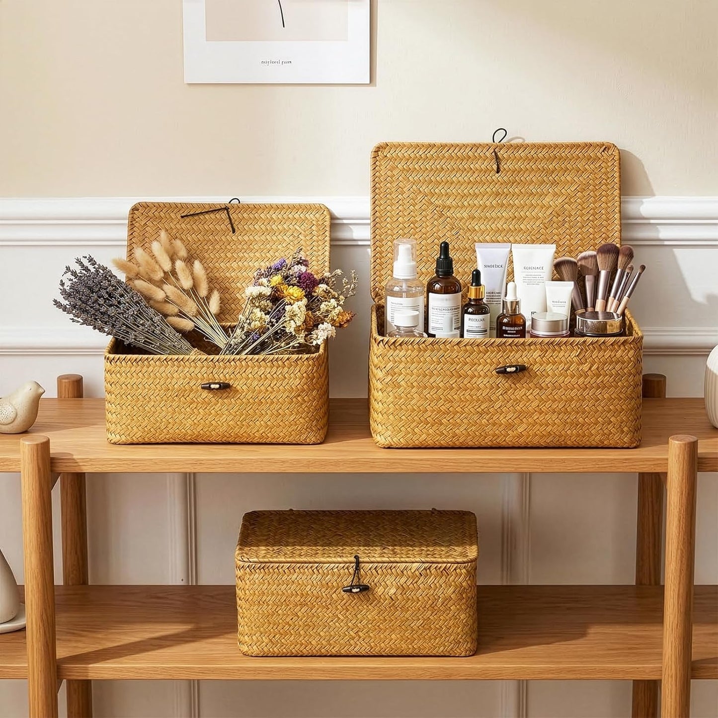 Compact Handwoven Seagrass Storage Bins Rectangular Wicker Basket / Set of 3