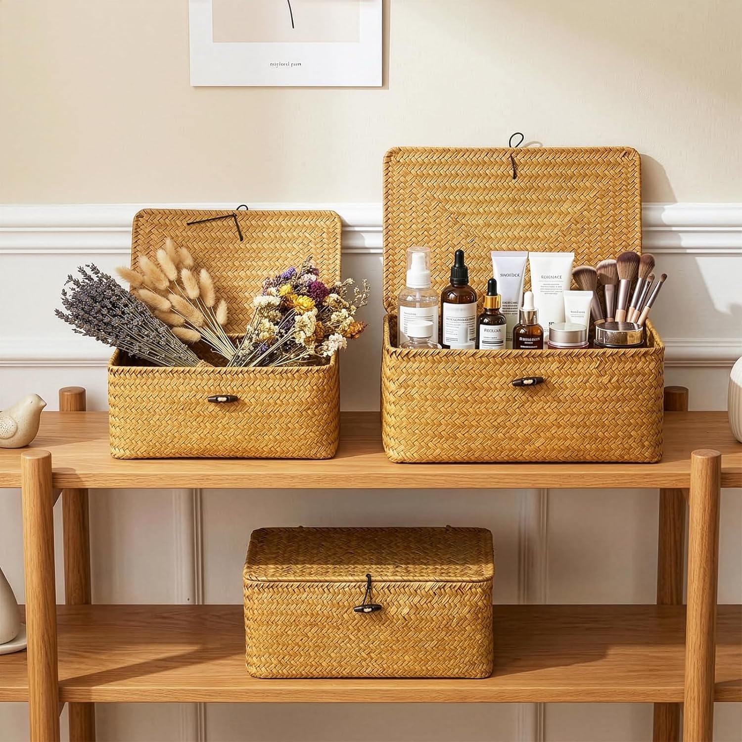 Compact Handwoven Seagrass Storage Bins Rectangular Wicker Basket / Set of 3