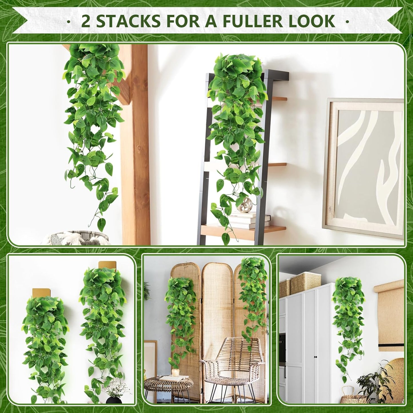 Faux Hanging Plant Artificial Greenery / Green Pothos Ivy Vines / Set of 2