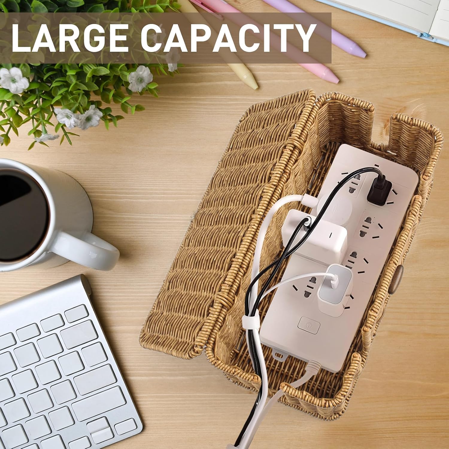 2 Pack Rattan Cable Management Box, Large Cord Organizer Box with Lid Under Desk Router Hider Storage Box with 4 Exits