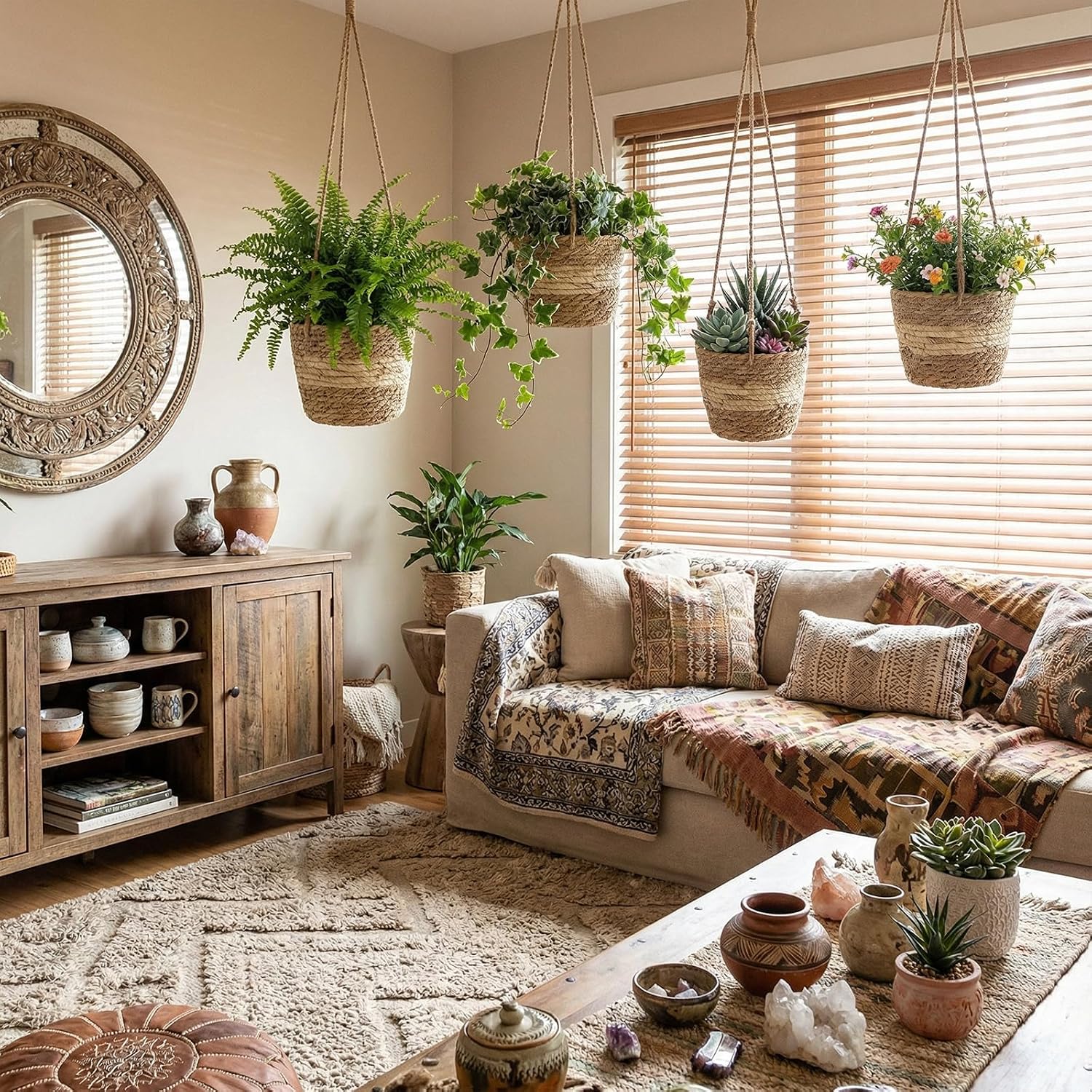 Seagrass Hanging Planter Basket Hand Woven Plant Basket / Beige / Small / Set of 6