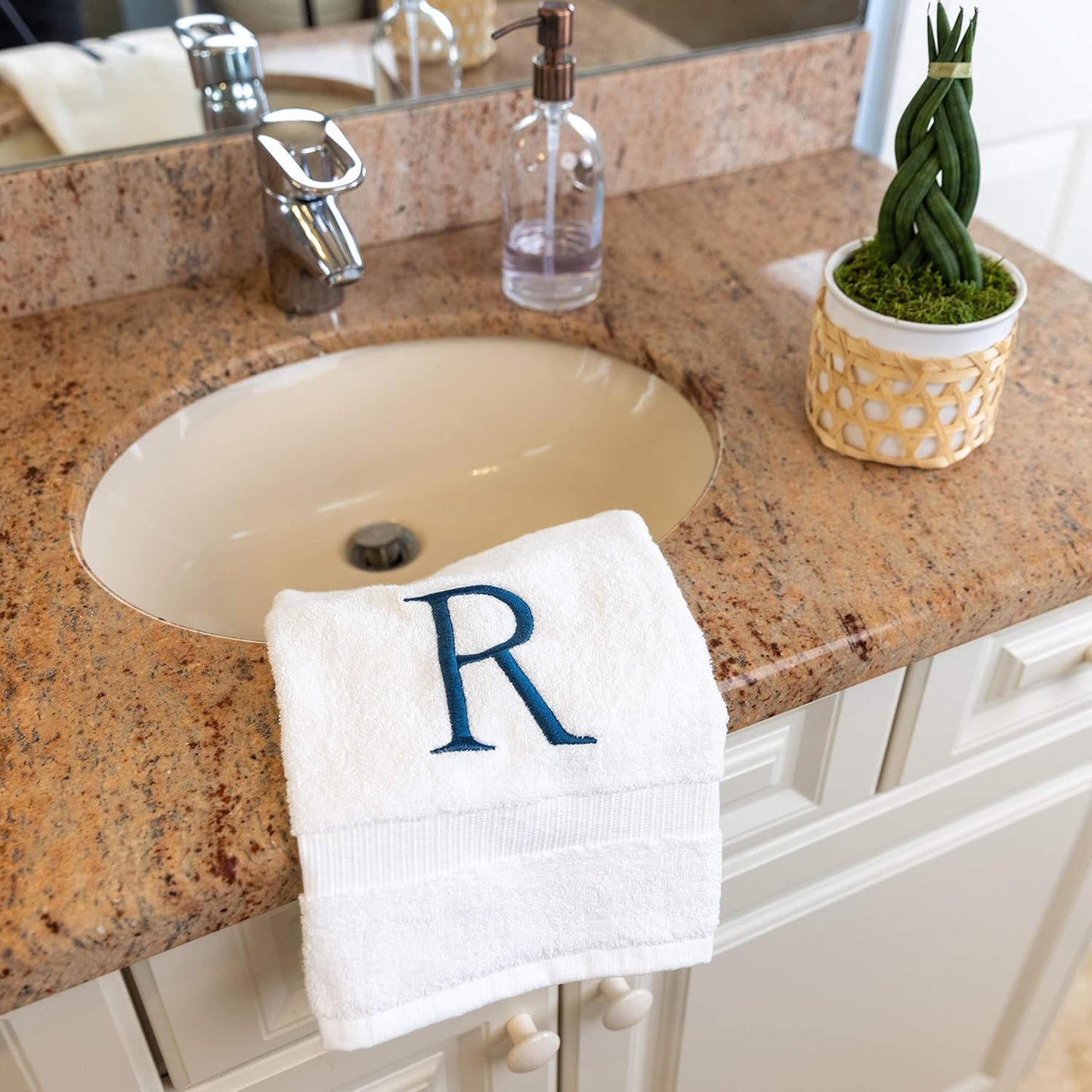 White with Navy Monogrammed Hand Towels for Bathroom - Set of 2 Letter R | Luxury Hotel Quality Initial Towels For