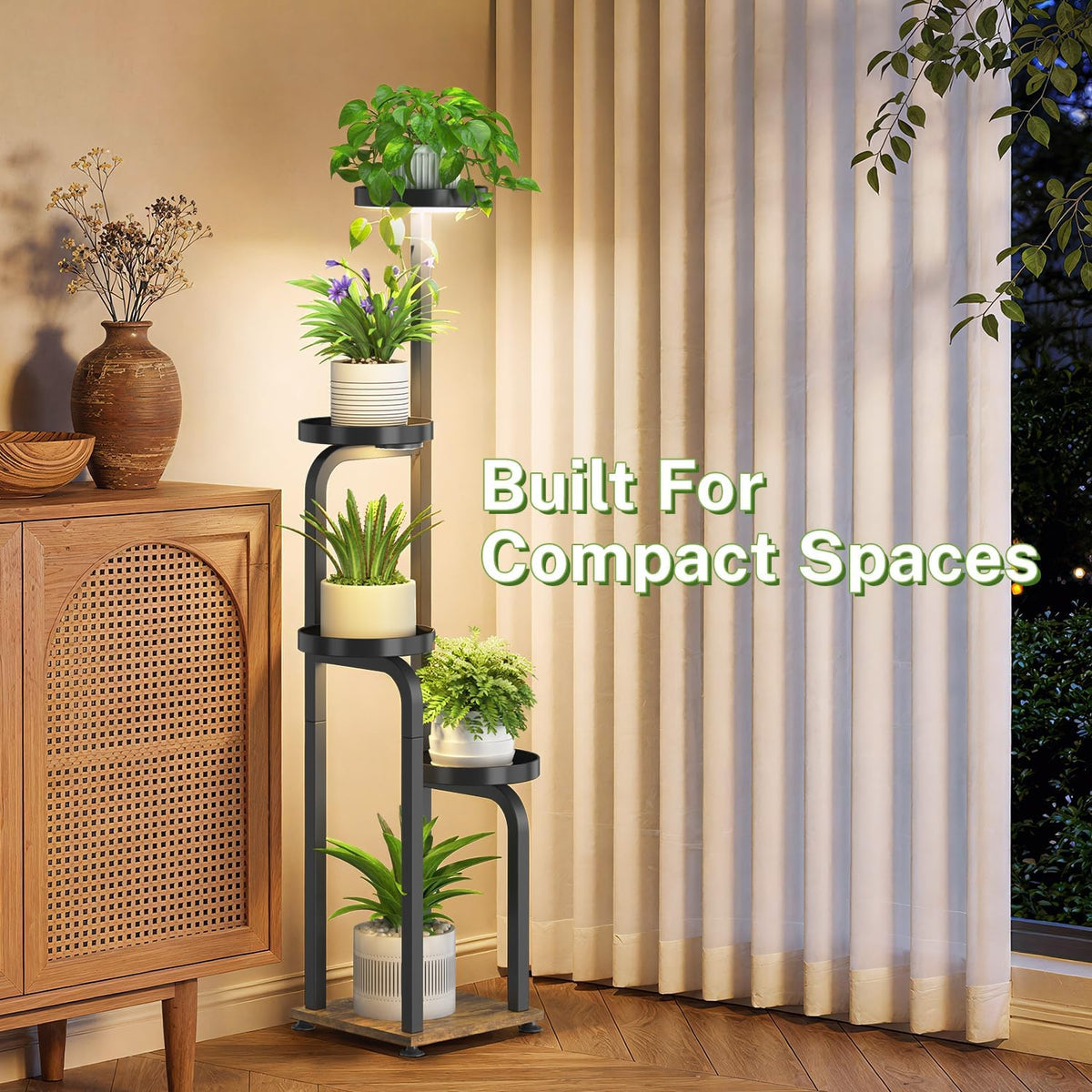 iDavosic.ly Tall Plant Stand Indoor with Grow Lights & Metal Trays, Brown | 4 Tier Corner Tiered Multiple Flower Holder