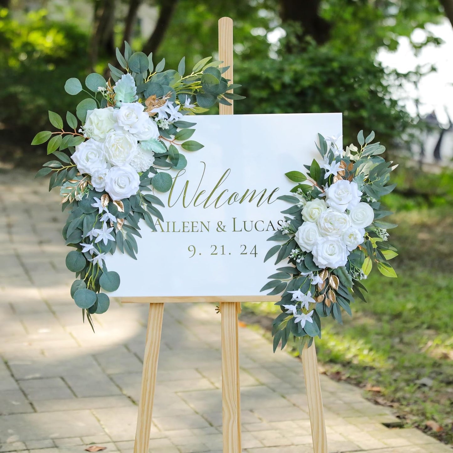 Artificial White Wedding Arch Flower Swags for Welcome Signs / White & Gold / Set of 2