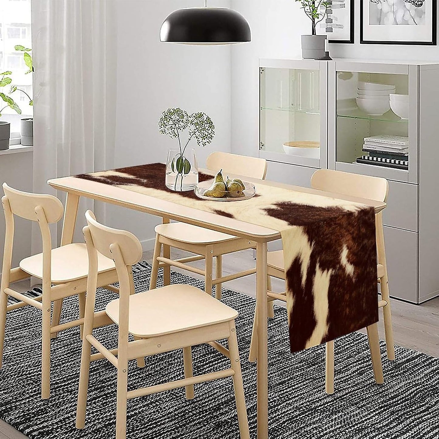 Brown Cow Print Faux Linen Rustic Table Runner, 13x90 Inch