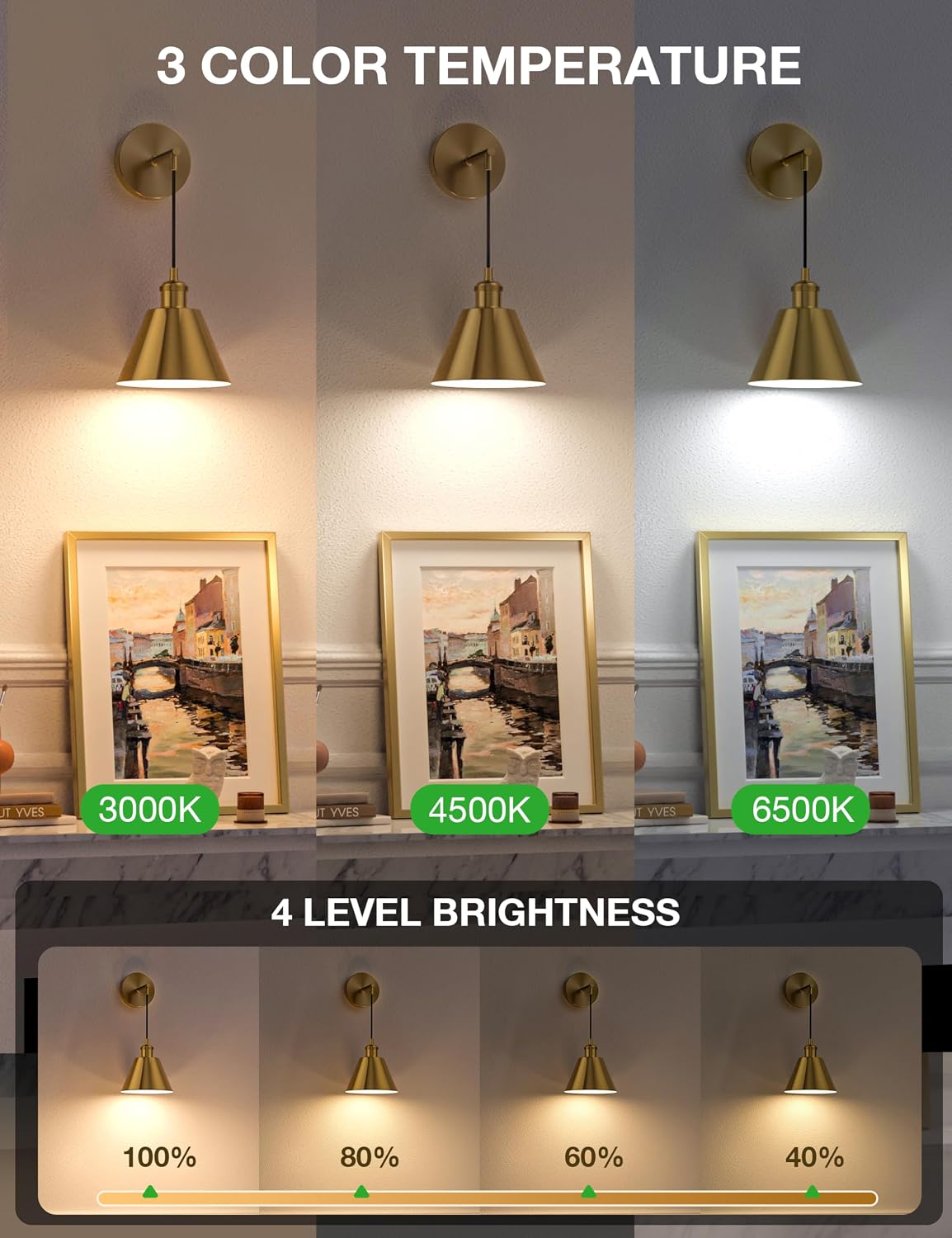 Brushed Gold Battery Operated Wall Sconce Set of 2, 5200mAh Dimmable Detachable Bulbs and Remote Wireless Rechargeable