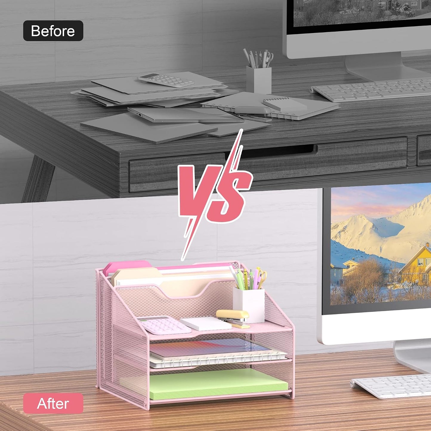 Samstar Pink Desk File Organizer, Mesh Letter File Folder Holder with 3 Paper Trays and 2 Vertical Upright Section, for
