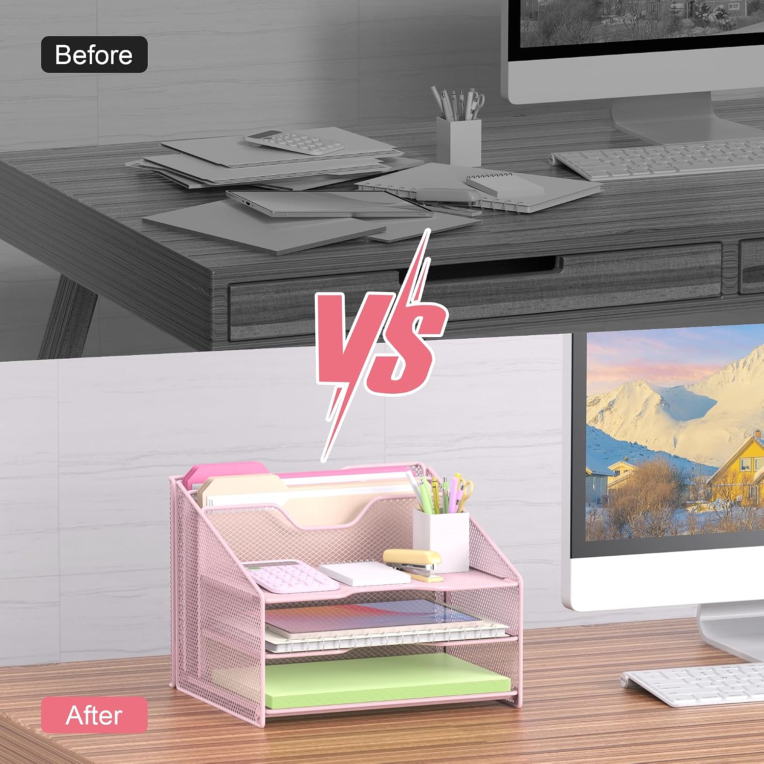 Samstar Pink Desk File Organizer, Mesh Letter File Folder Holder with 3 Paper Trays and 2 Vertical Upright Section, for