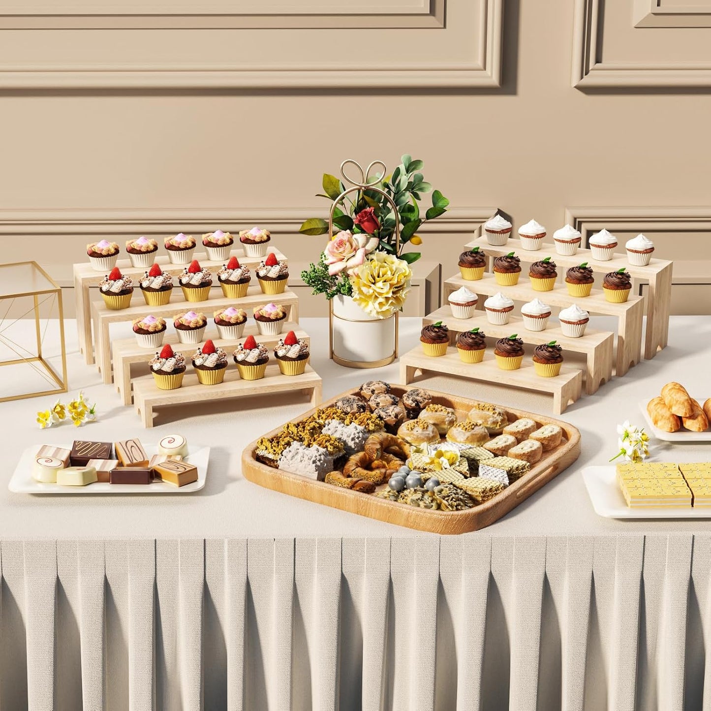 4 Tier Large Display Wooden Riser Stand Decorative Rectangular Wood Racks / Wood Color / Set of 4