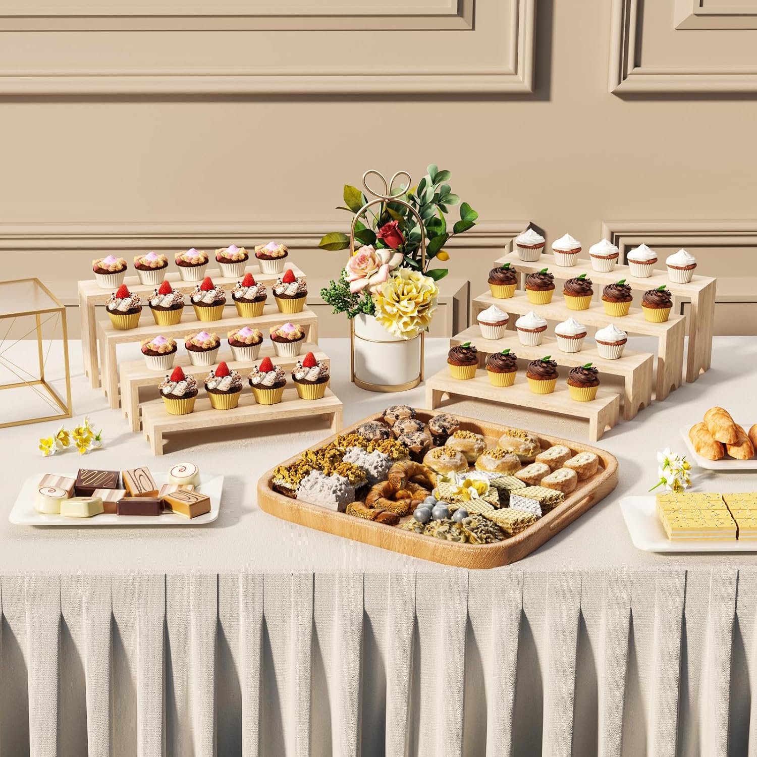 4 Tier Large Display Wooden Riser Stand Decorative Rectangular Wood Racks / Wood Color / Set of 4